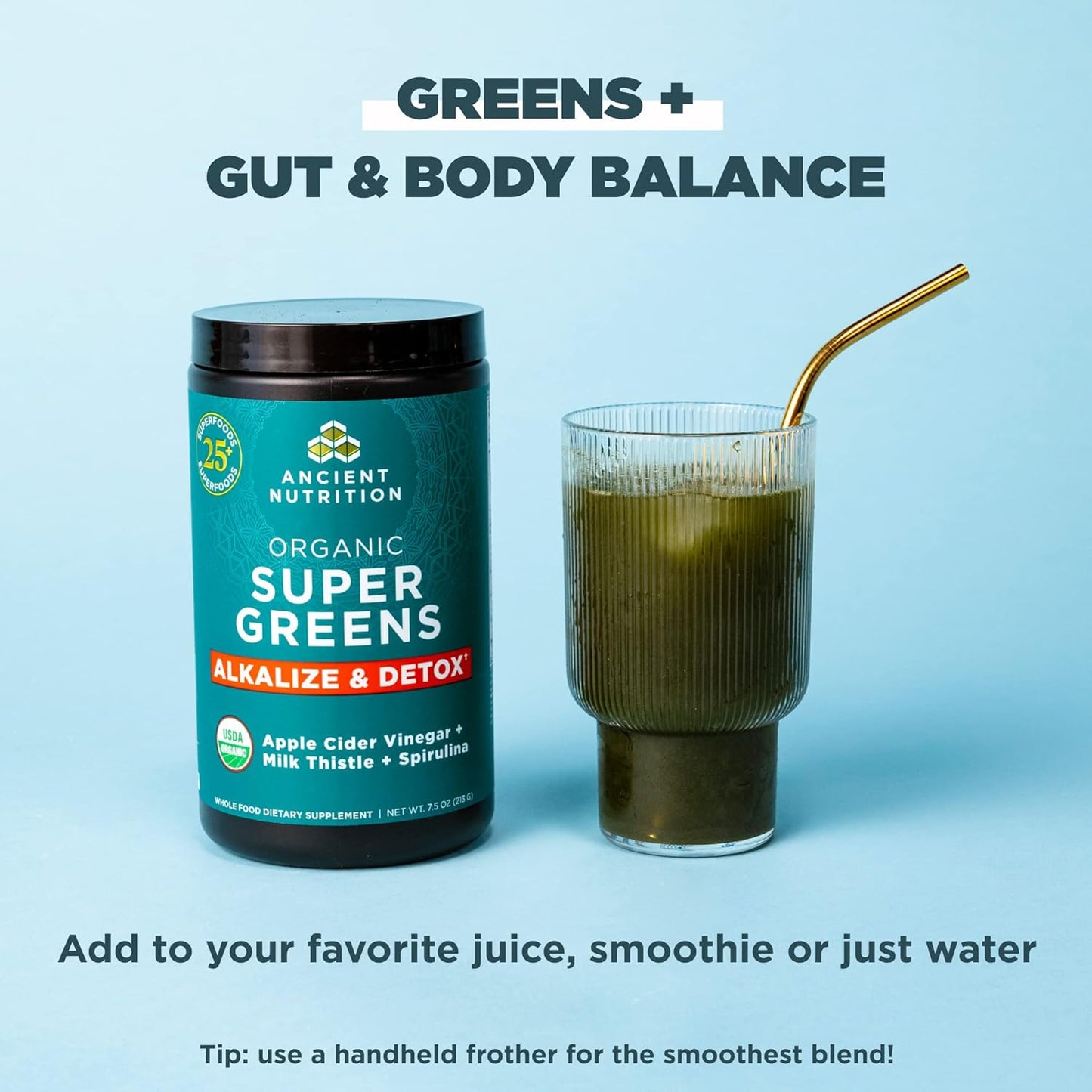 Ancient Nutrition Supergreens Alkalize & Detox Powder - Organic Superfood for Digestive & Energy Support, 25 Servings