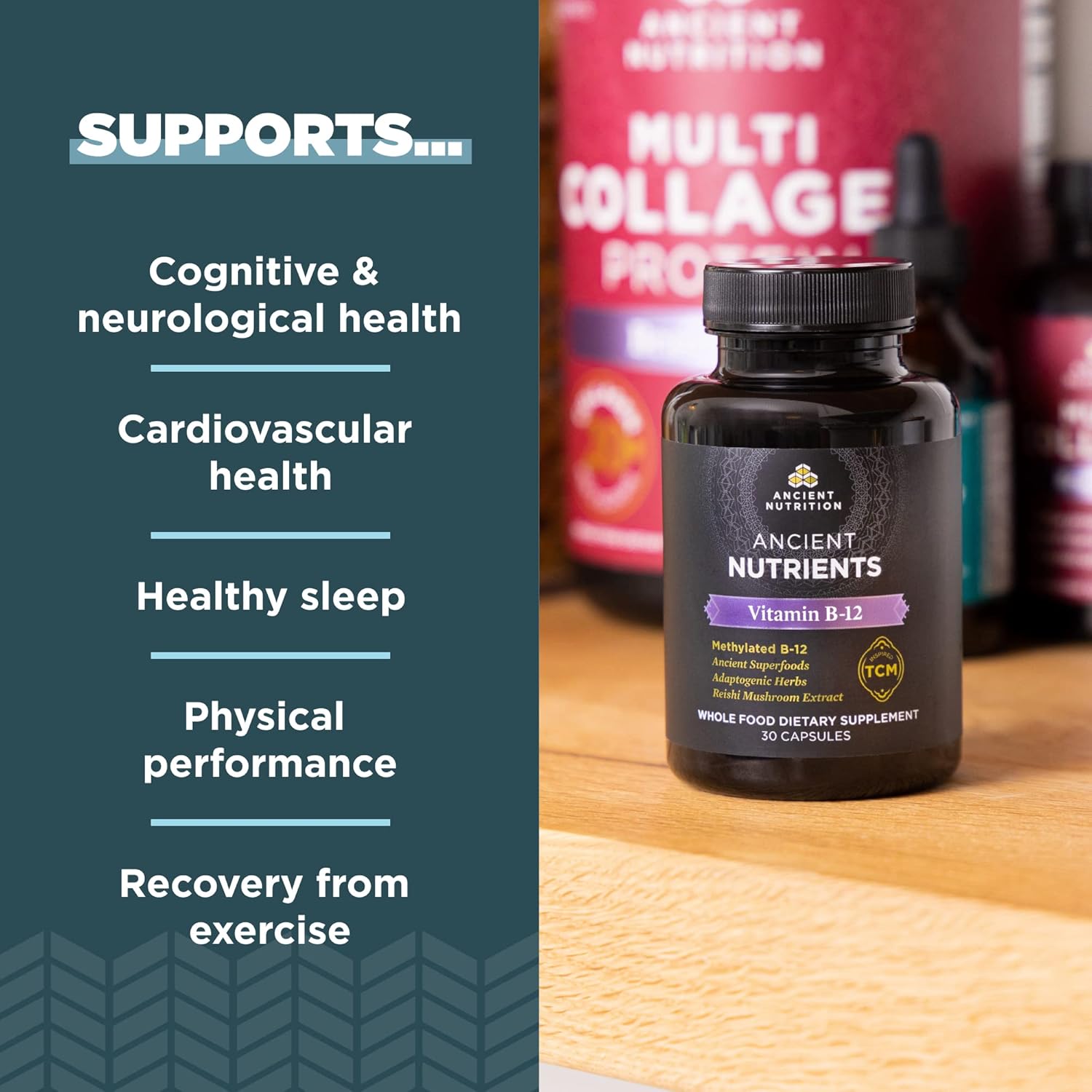 Ancient Nutrition Vitamin B12 Supplement with Adaptogenic Herbs, Enzyme Activated for Energy & Nervous System Support - Paleo & Keto Friendly, 30 Capsules