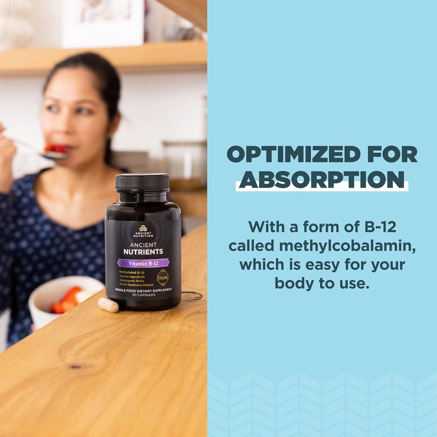 Ancient Nutrition Vitamin B12 Supplement with Adaptogenic Herbs, Enzyme Activated for Energy & Nervous System Support - Paleo & Keto Friendly, 30 Capsules
