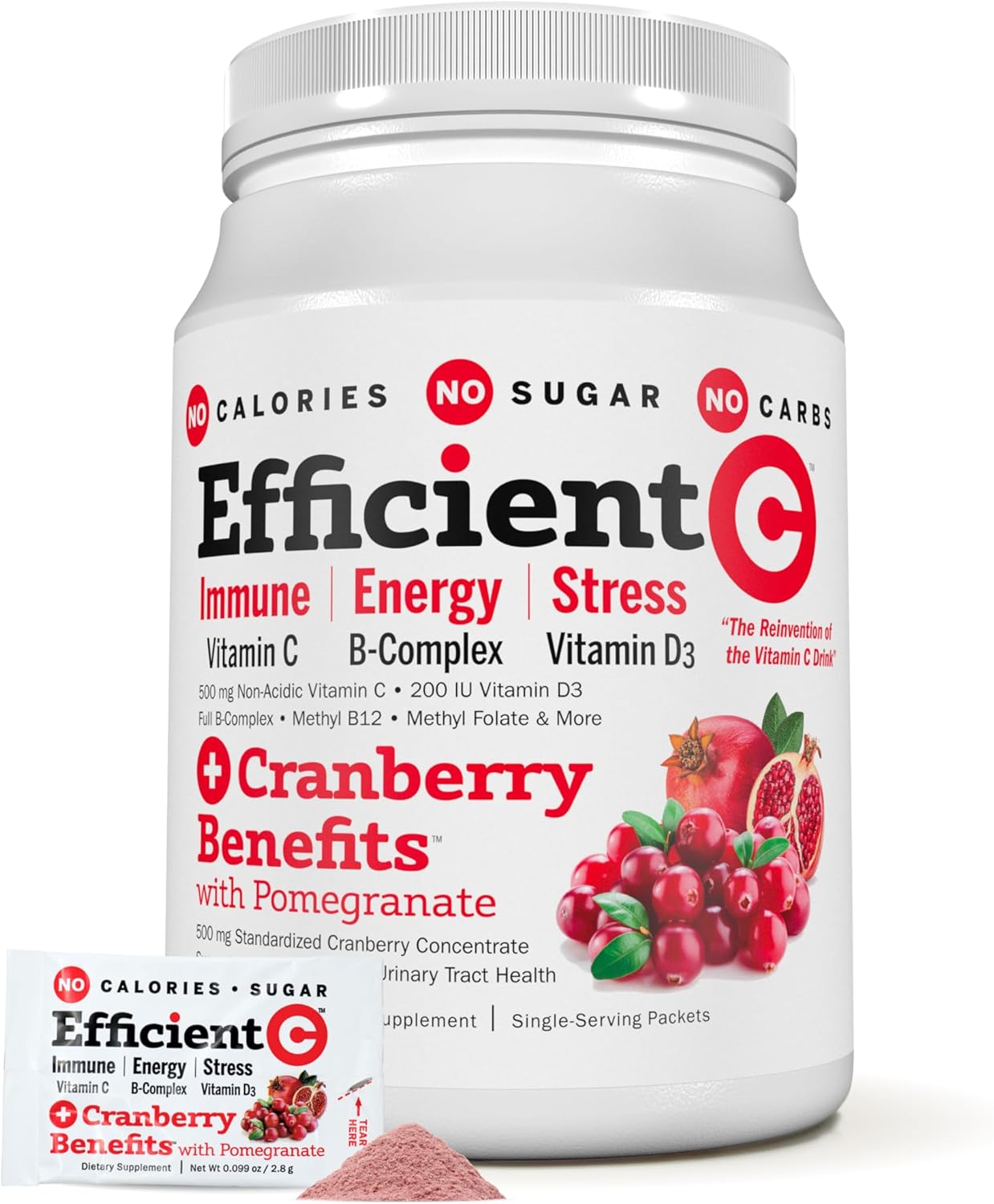 ANDREW LESSMAN Efficient C + Cranberry Benefits - 30 Packets for Immune, Energy, Stress, and Urinary Tract Support - Vitamin C Drink Alternative with Zero Calories, Sugar, and Carbs - Easy to Mix Formula