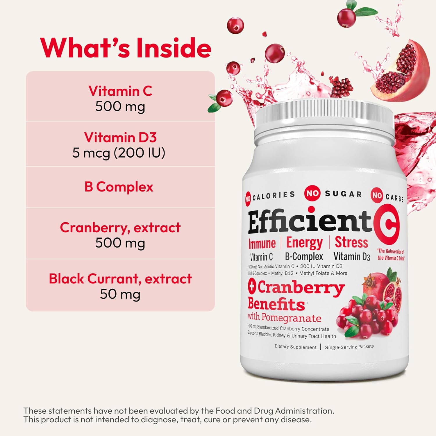 ANDREW LESSMAN Efficient C + Cranberry Benefits - 30 Packets for Immune, Energy, Stress, and Urinary Tract Support - Vitamin C Drink Alternative with Zero Calories, Sugar, and Carbs - Easy to Mix Formula