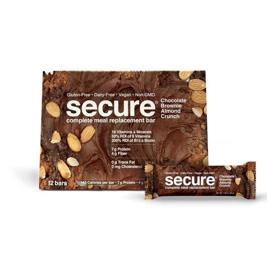 ANDREW LESSMAN Secure Complete Meal Replacement Bars - Chocolate Brownie Almond Crunch - 12 Count Box - 7g Protein, 11 Vitamins, Inulin Fiber - Low Calorie, Gluten-Free, Dairy-Free, Vegan, Non-GMO