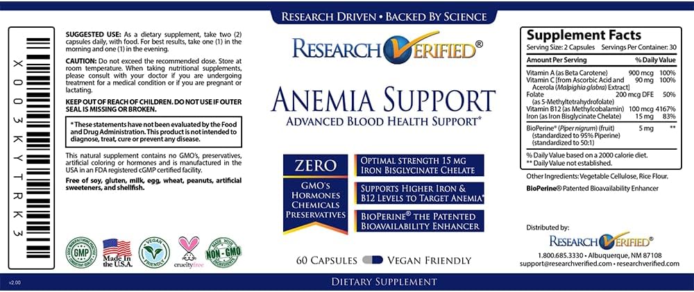 Anemia Support Supplement - Boost Iron Levels, Enhance Hemoglobin Production, Increase Energy - With Iron, Vitamin C, Vitamin A, B12, Folate, BioPerine - 60 Vegan Capsules