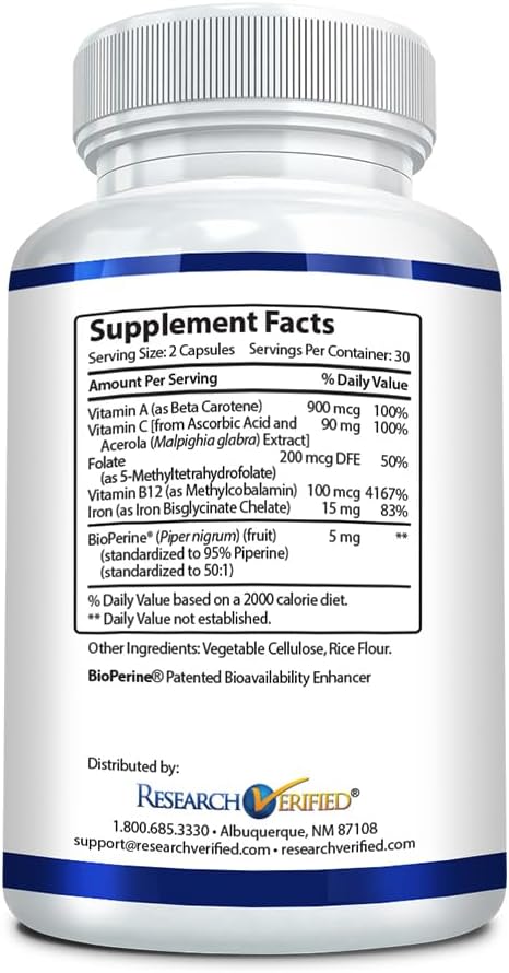 Anemia Support Supplement - Boost Iron Levels, Enhance Hemoglobin Production, Increase Energy - With Iron, Vitamin C, Vitamin A, B12, Folate, BioPerine - 60 Vegan Capsules