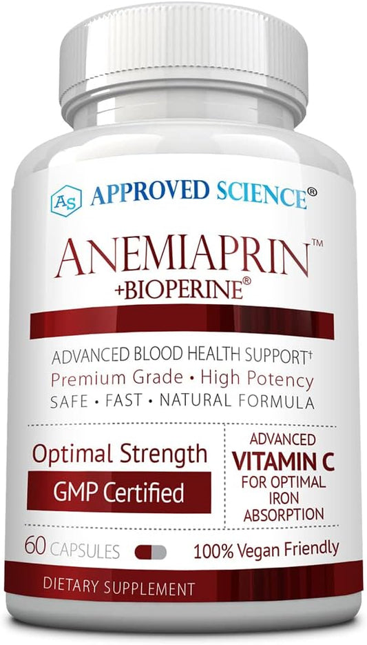Anemiaprin by Approved Science - Iron and Vitamin C Supplement - Easy on Stomach - 60 Capsules - 1 Month Non-GMO, Vegan Supply