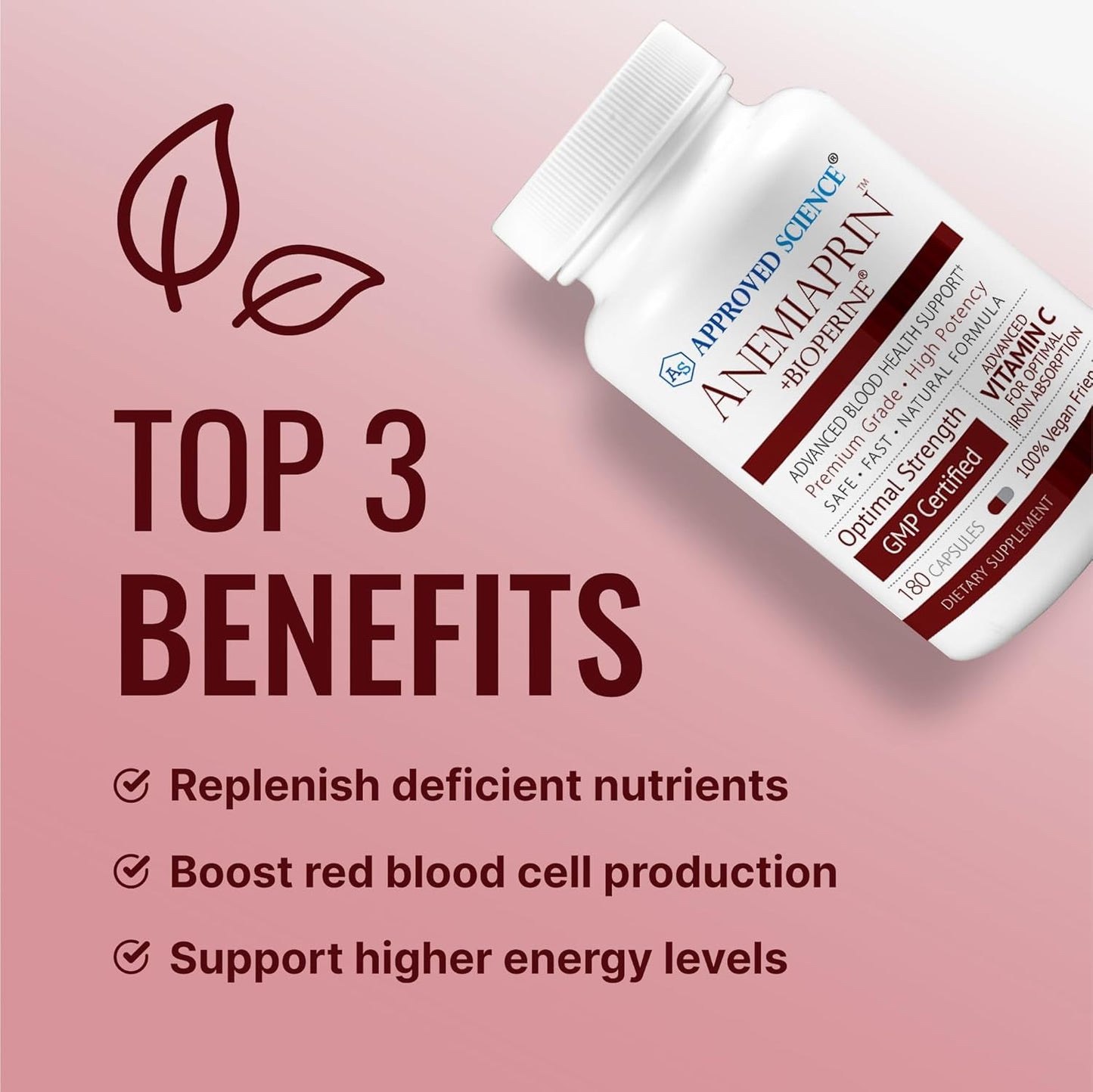 Anemiaprin by Approved Science - Iron and Vitamin C Supplement - Easy on Stomach - 60 Capsules - 1 Month Non-GMO, Vegan Supply