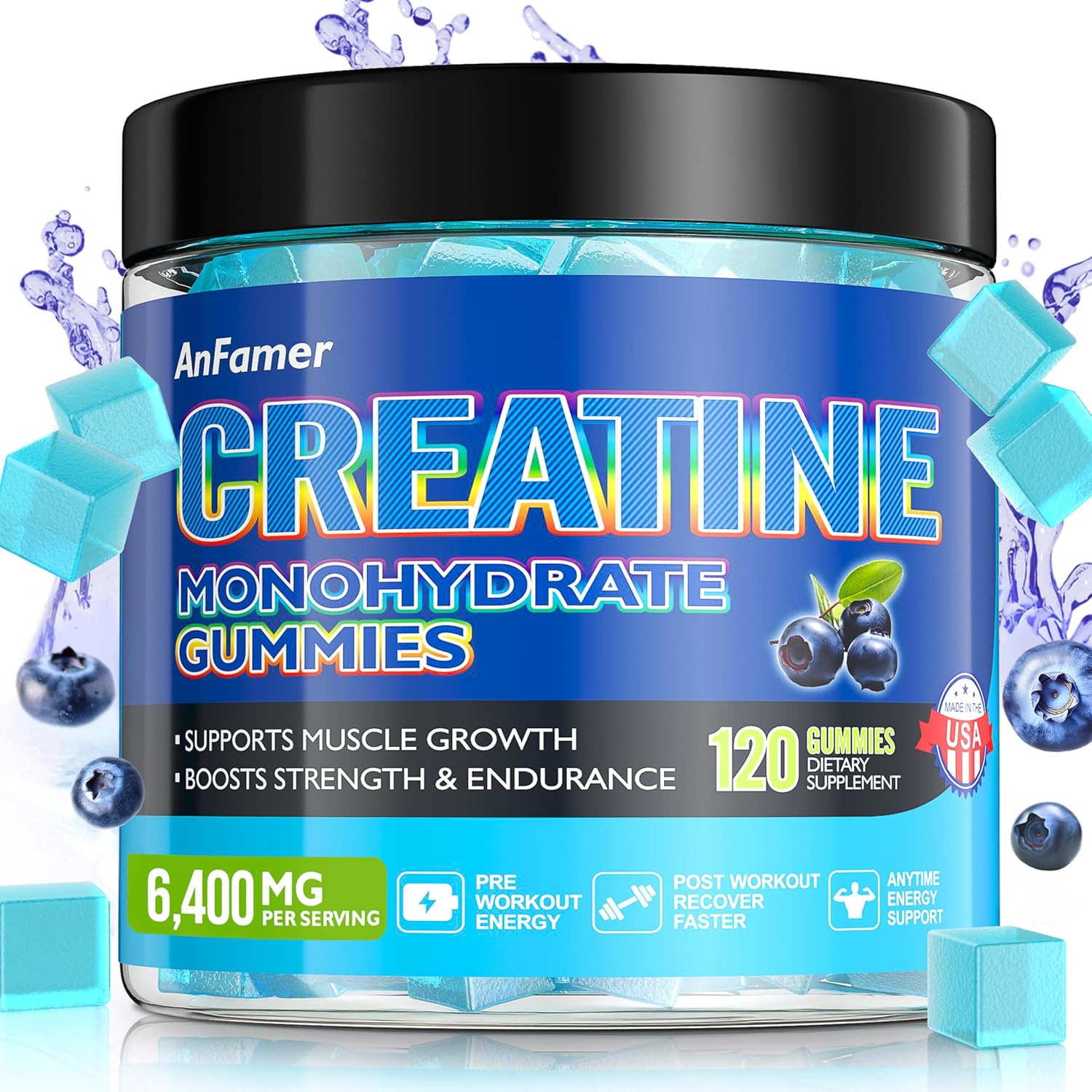 AnFamer Creatine Gummies: Strength & Muscle Builder for Men & Women, Energy Boost, Preworkout Supplement, Blueberry Flavor - 120 Count