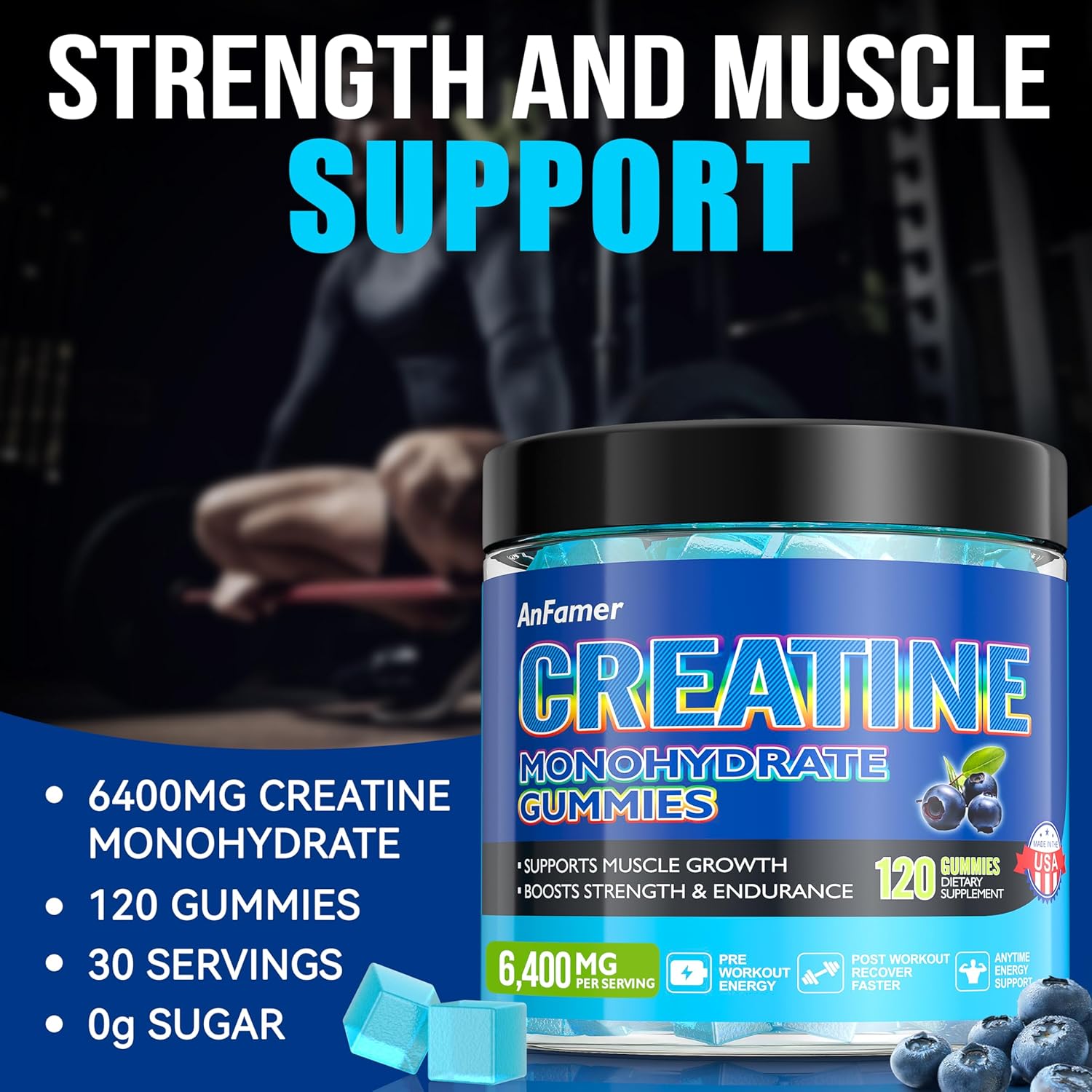 AnFamer Creatine Gummies: Strength & Muscle Builder for Men & Women, Energy Boost, Preworkout Supplement, Blueberry Flavor - 120 Count