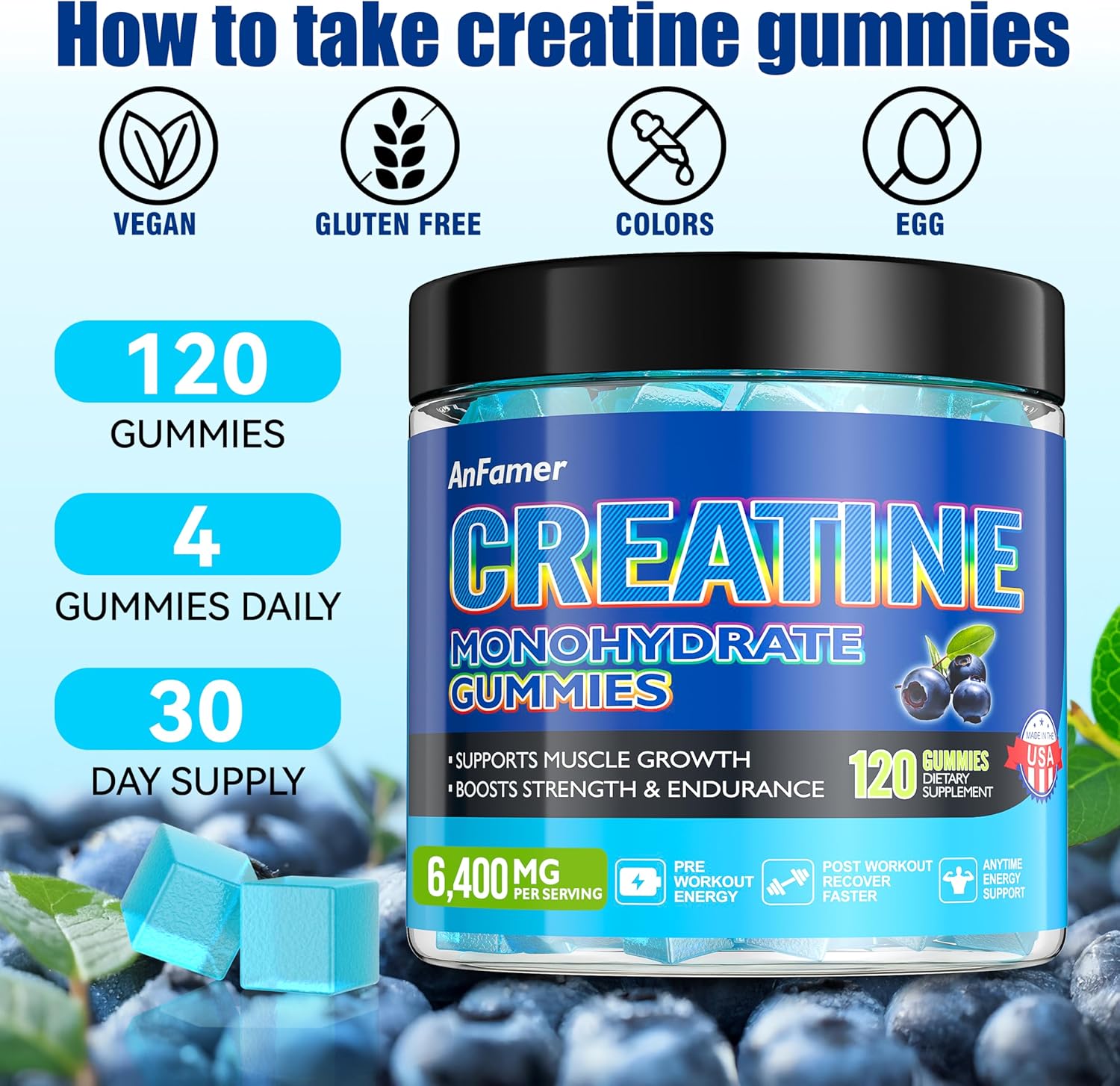 AnFamer Creatine Gummies: Strength & Muscle Builder for Men & Women, Energy Boost, Preworkout Supplement, Blueberry Flavor - 120 Count