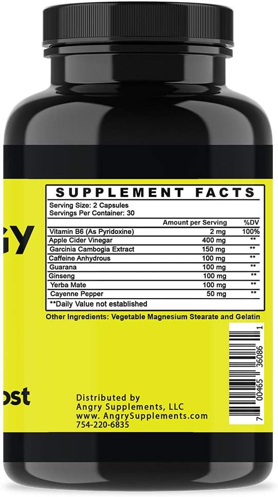 Angry Energy Caffeine Capsules - Natural Non-GMO Energy Booster for Stamina & Focus, Mind & Body Health - 1 Bottle
