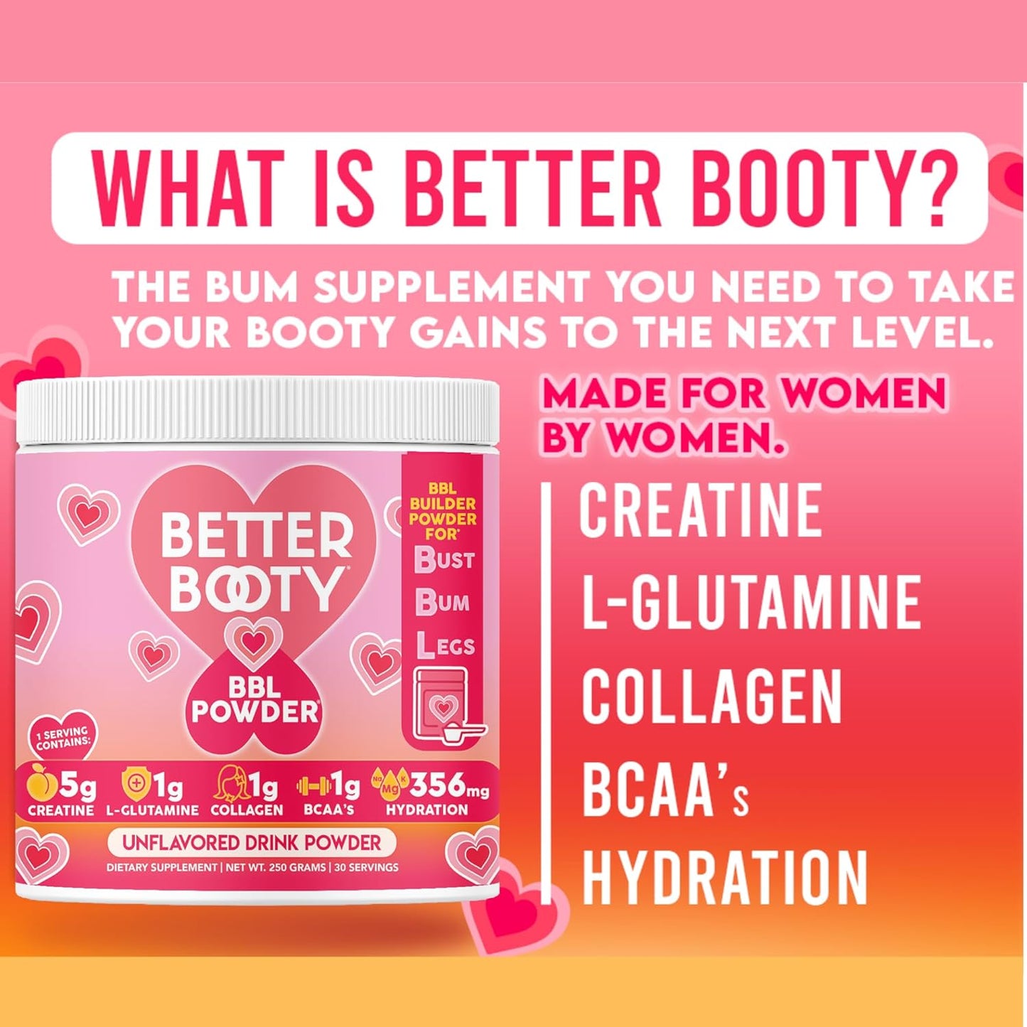 Angry Supplements Better Booty BBL Powder for Women - Muscle Builder, Energy Booster, and Hydration Complex - Unflavored Drink Mix (250g)