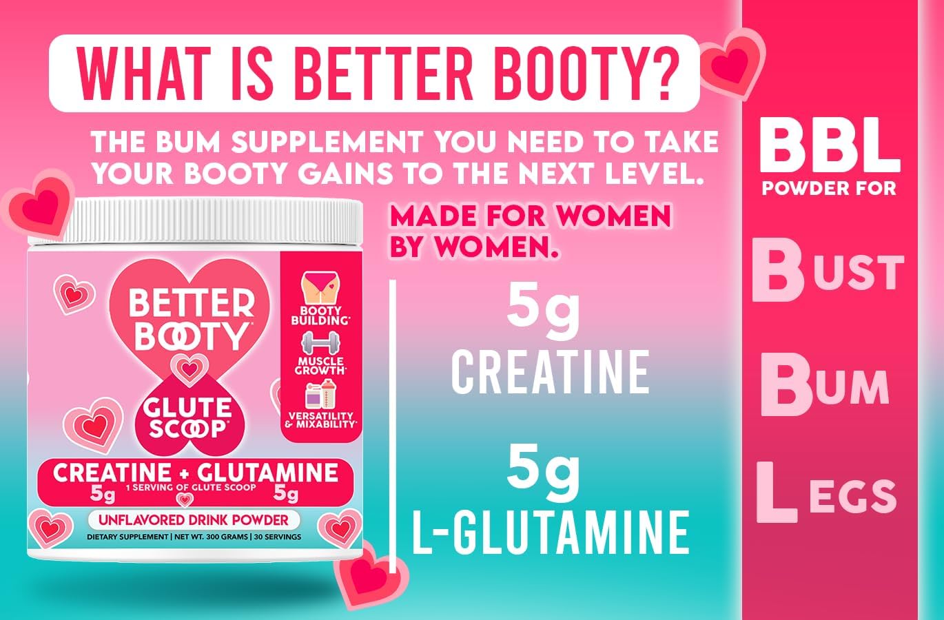 Angry Supplements Glute Growth Drink Mix for Women - Creatine & L-Glutamine Amino Acids - Muscle Builder Powder for Booty Gain - 300g, 30 Servings
