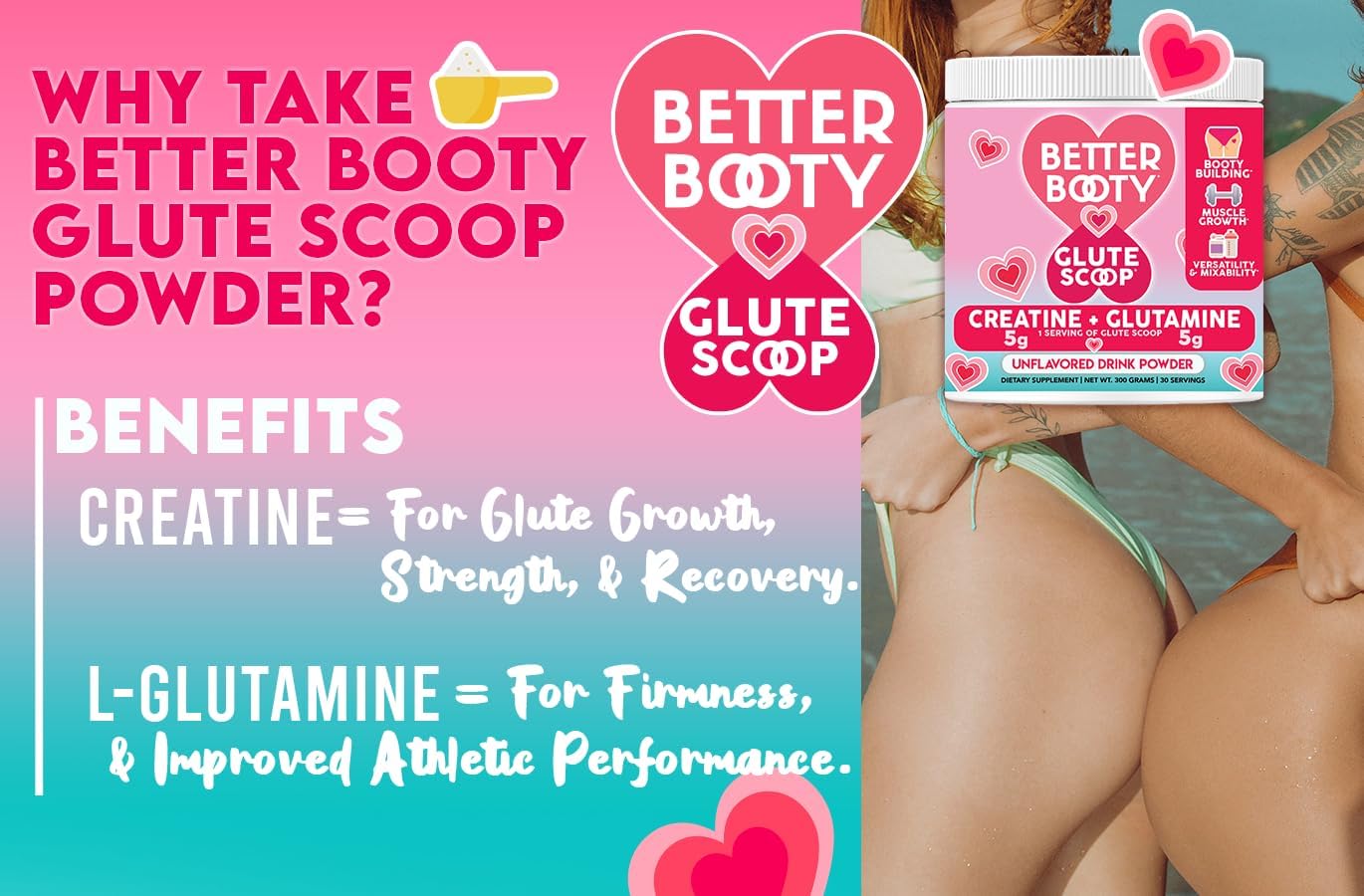 Angry Supplements Glute Growth Drink Mix for Women - Creatine & L-Glutamine Amino Acids - Muscle Builder Powder for Booty Gain - 300g, 30 Servings