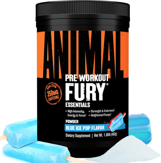 Animal Fury Blue Ice Pop Pre Workout Powder - Energy & Focus Supplement with BCAAs, Caffeine, Nitric Oxide Booster, Beta-Alanine - Preworkout for Men & Women, 30 Servings