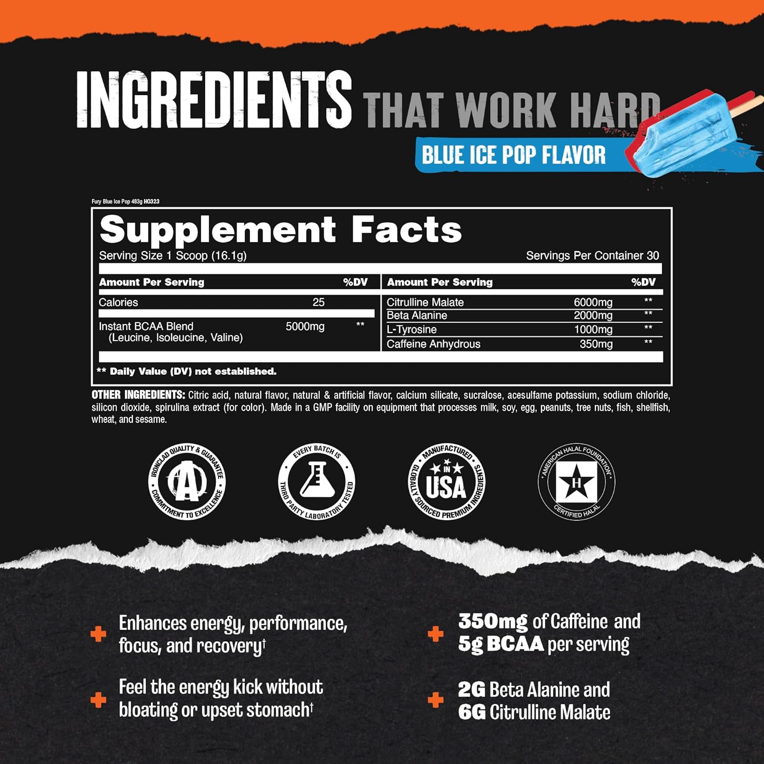 Animal Fury Blue Ice Pop Pre Workout Powder - Energy & Focus Supplement with BCAAs, Caffeine, Nitric Oxide Booster, Beta-Alanine - Preworkout for Men & Women, 30 Servings