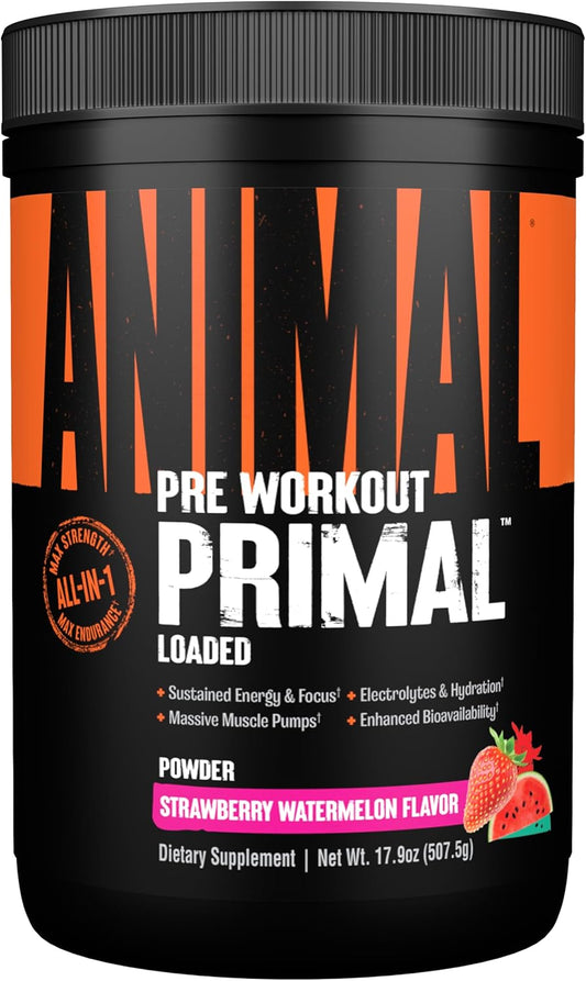 Animal Primal Muscle Hydration & Preworkout Powder with Beta Alanine, Caffeine, Electrolytes - Boosts Energy, Focus, Endurance - Strawberry Watermelon, 17.9 oz