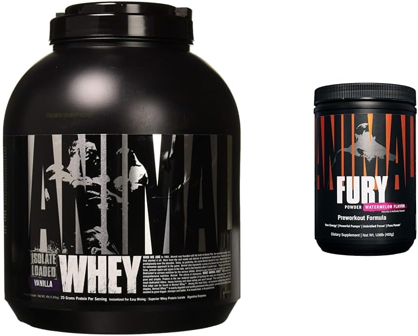 Animal Whey Isolate Protein Powder for Post-Workout Recovery + Fury Pre-Workout Supplement with BCAAs, Caffeine, Nitric Oxide