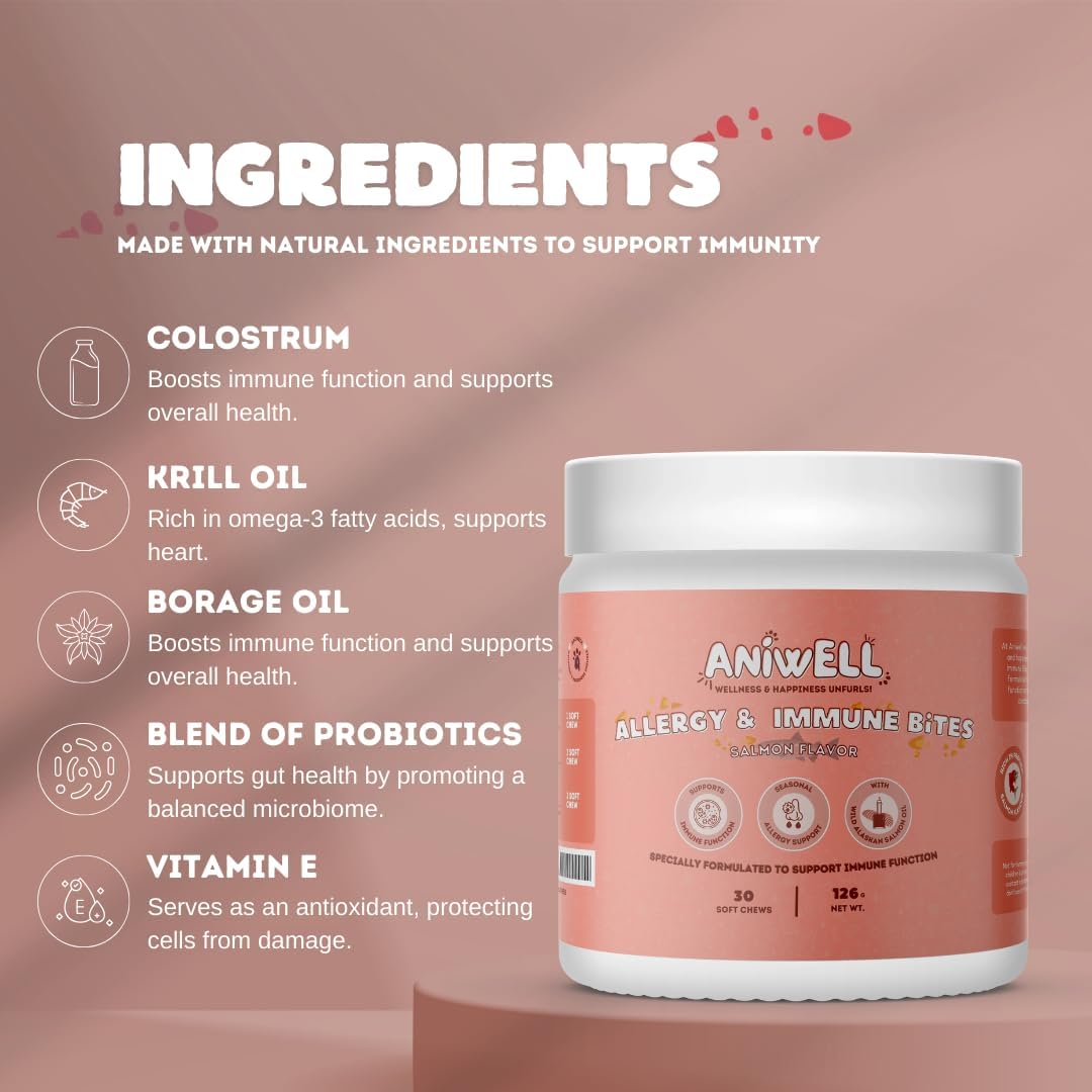 Aniwell Allergy & Immune Support Soft Chews for Dogs - Astragalus Root & Flaxseed C3 - Promotes Seasonal Allergy Relief, Gut Health