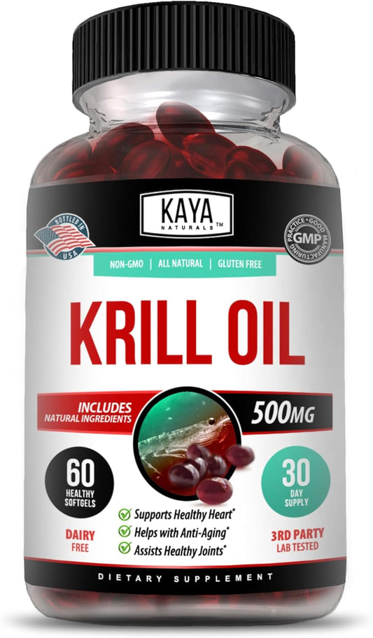 Antarctic Krill Oil 500mg Supplement for Brain & Joint Health with Omega 3, EPA, DHA, Phospholipids & Astaxanthin - Anti Aging - 60 Softgels by Kaya Naturals
