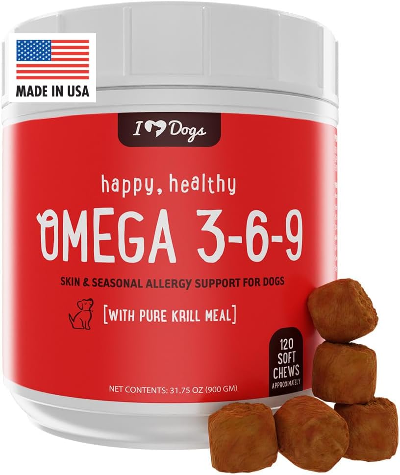 Antarctic Krill Oil Omega 3-6-9 Skin & Coat Supplement for Dogs - Allergy Relief Chews, 120 Count
