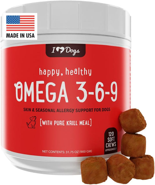 Antarctic Krill Oil Omega 3-6-9 Skin & Coat Supplement for Dogs - Allergy Relief Chews, 120 Count