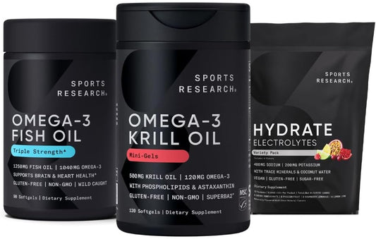Antarctic Krill Oil Omega 3 Mini-Softgels 500mg with Phospholipids, Choline, Astaxanthin - Triple Strength Burpless Fish Oil 1250mg - Electrolyte Hydrates with Multi-Flavors