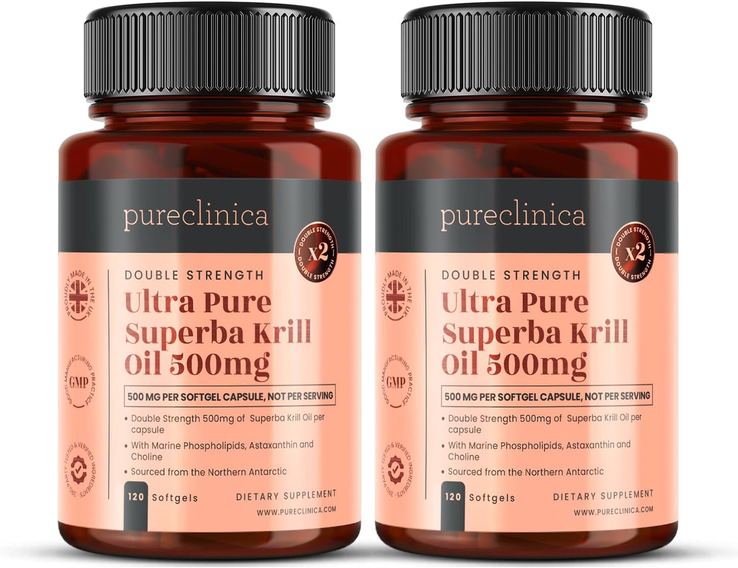 Antarctic Sourced Ultra Pure Krill Oil Capsules - 500mg x 240 (2 Bottles) with Astaxanthin, Omega 3, and Vitamin D for Optimal Health