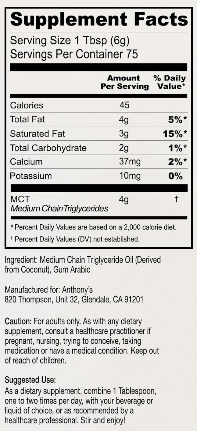 Anthony's Premium MCT Oil Powder - 56% C8 Caprylic, 42% C10 Capric - 1 lb - Gluten Free - Non GMO - Keto Friendly