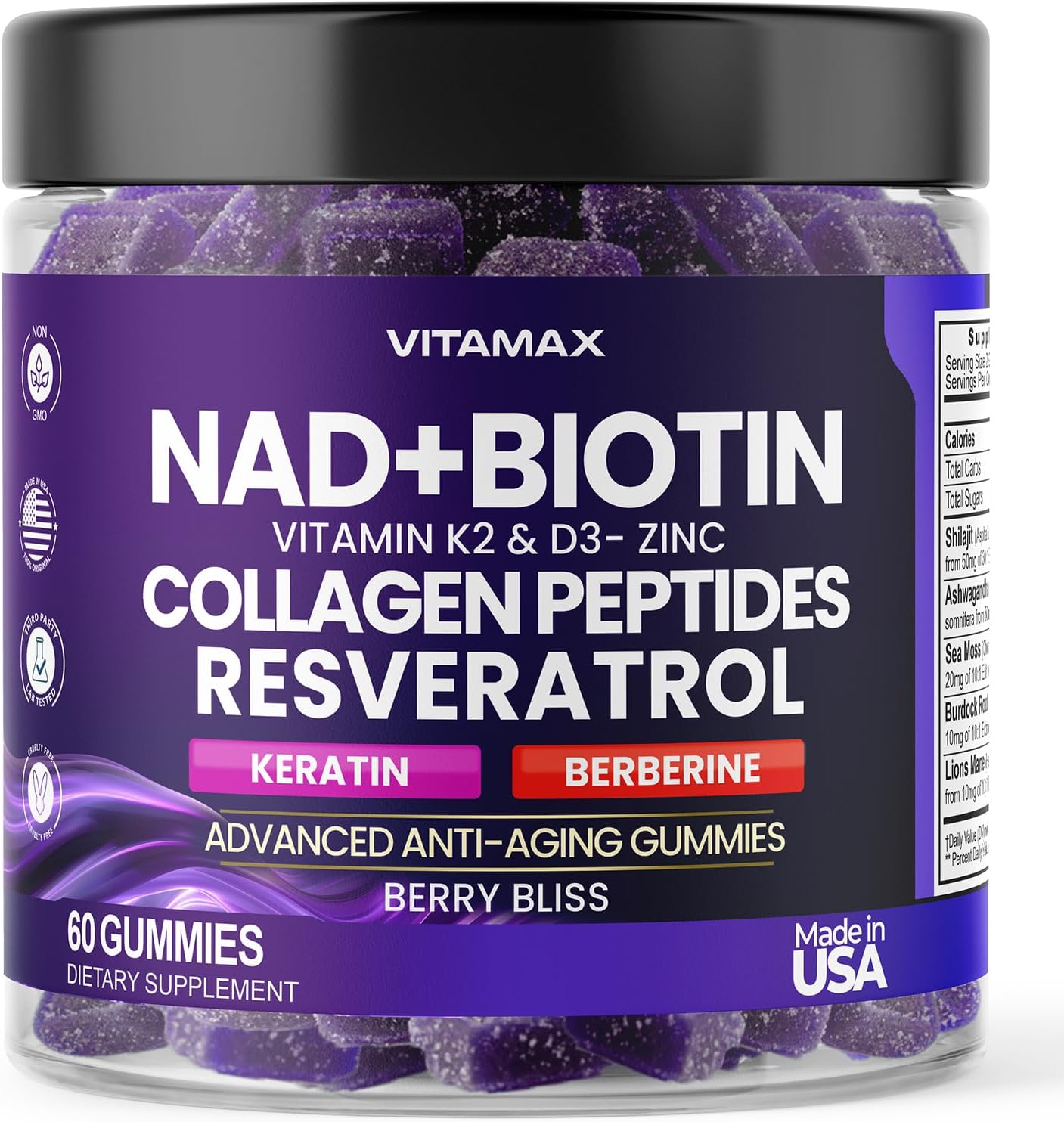 Anti-Aging Gummy Supplement with Vitamax NAD+, Resveratrol, Berberine, & Biotin - Hair, Skin, Nails & Joint Support - Collagen, Keratin, Zinc, Vitamin K2 & D3 - Non-GMO - 60 Count