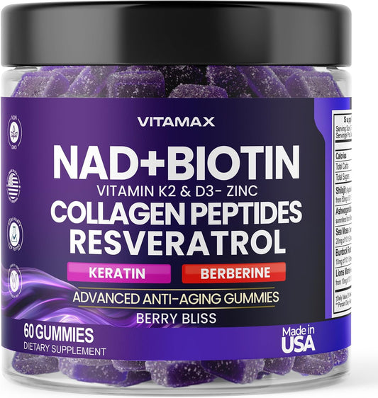 Anti-Aging Gummy Supplement with Vitamax NAD+, Resveratrol, Berberine, & Biotin - Hair, Skin, Nails & Joint Support - Collagen, Keratin, Zinc, Vitamin K2 & D3 - Non-GMO - 60 Count