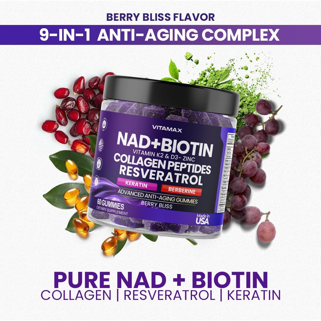 Anti-Aging Gummy Supplement with Vitamax NAD+, Resveratrol, Berberine, & Biotin - Hair, Skin, Nails & Joint Support - Collagen, Keratin, Zinc, Vitamin K2 & D3 - Non-GMO - 60 Count