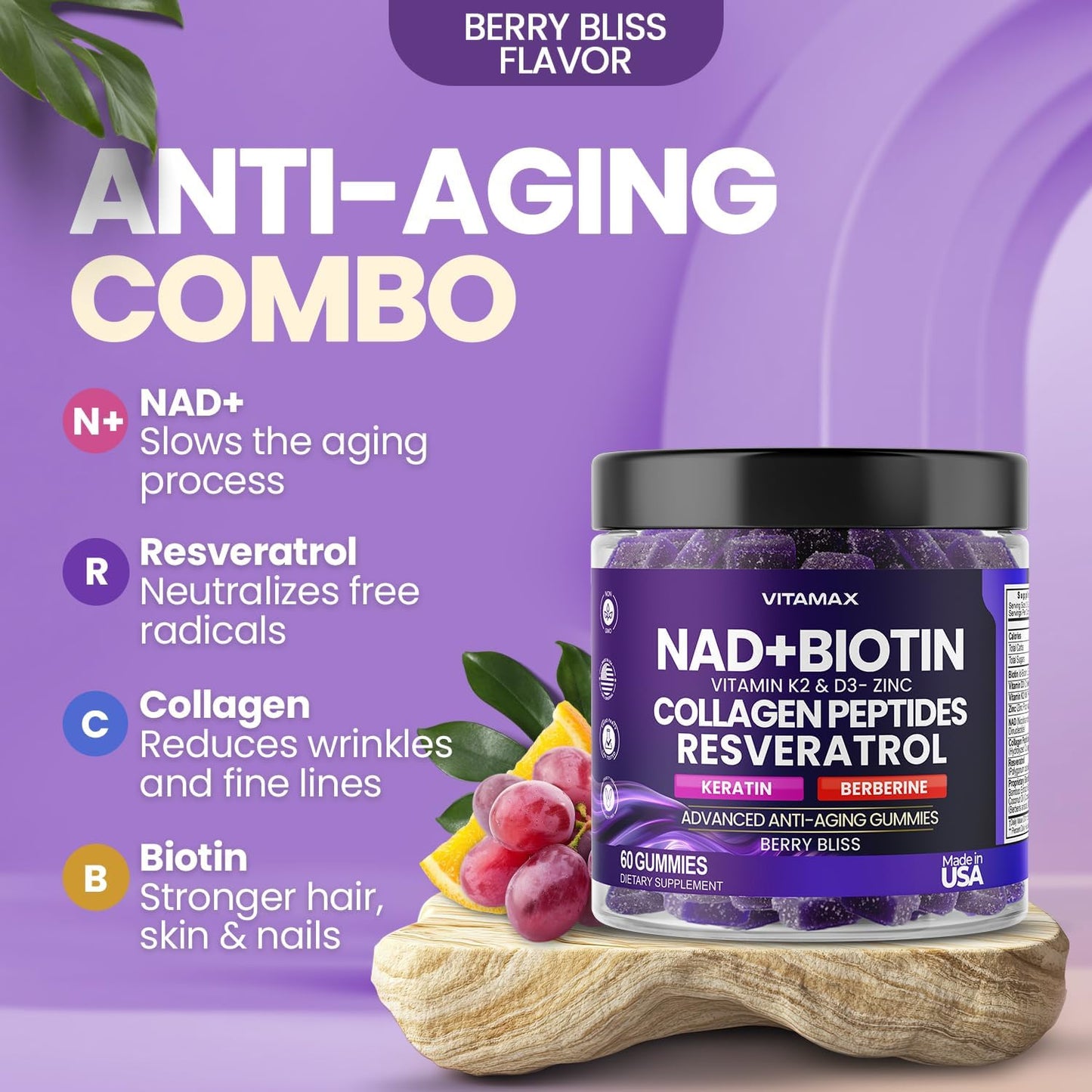 Anti-Aging Gummy Supplement with Vitamax NAD+, Resveratrol, Berberine, & Biotin - Hair, Skin, Nails & Joint Support - Collagen, Keratin, Zinc, Vitamin K2 & D3 - Non-GMO - 60 Count