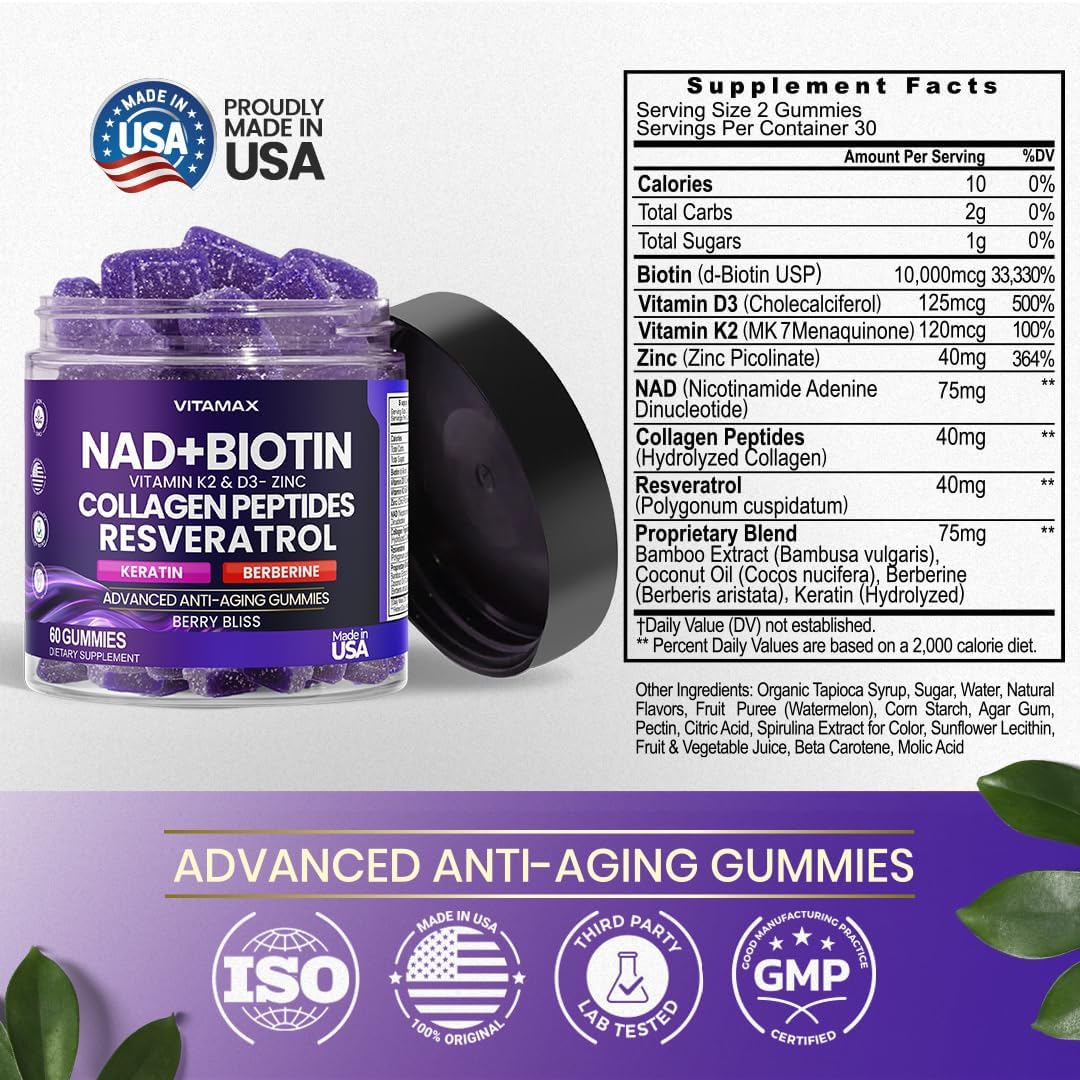 Anti-Aging Gummy Supplement with Vitamax NAD+, Resveratrol, Berberine, & Biotin - Hair, Skin, Nails & Joint Support - Collagen, Keratin, Zinc, Vitamin K2 & D3 - Non-GMO - 60 Count