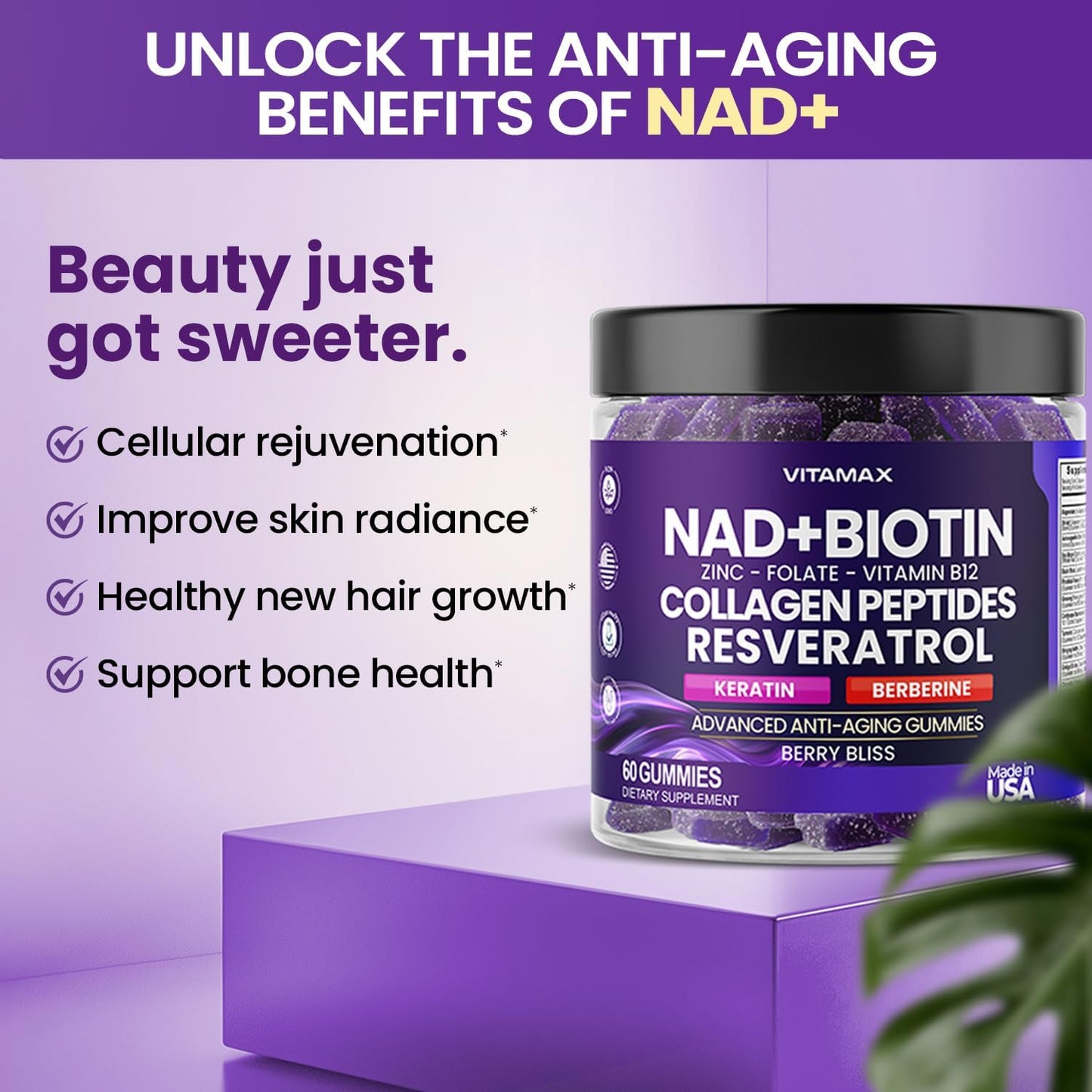 Anti-Aging Gummy Supplement with Vitamax NAD+, Resveratrol, Berberine, & Biotin - Hair, Skin, Nails & Joint Support - Collagen, Keratin, Zinc, Vitamin K2 & D3 - Non-GMO - 60 Count