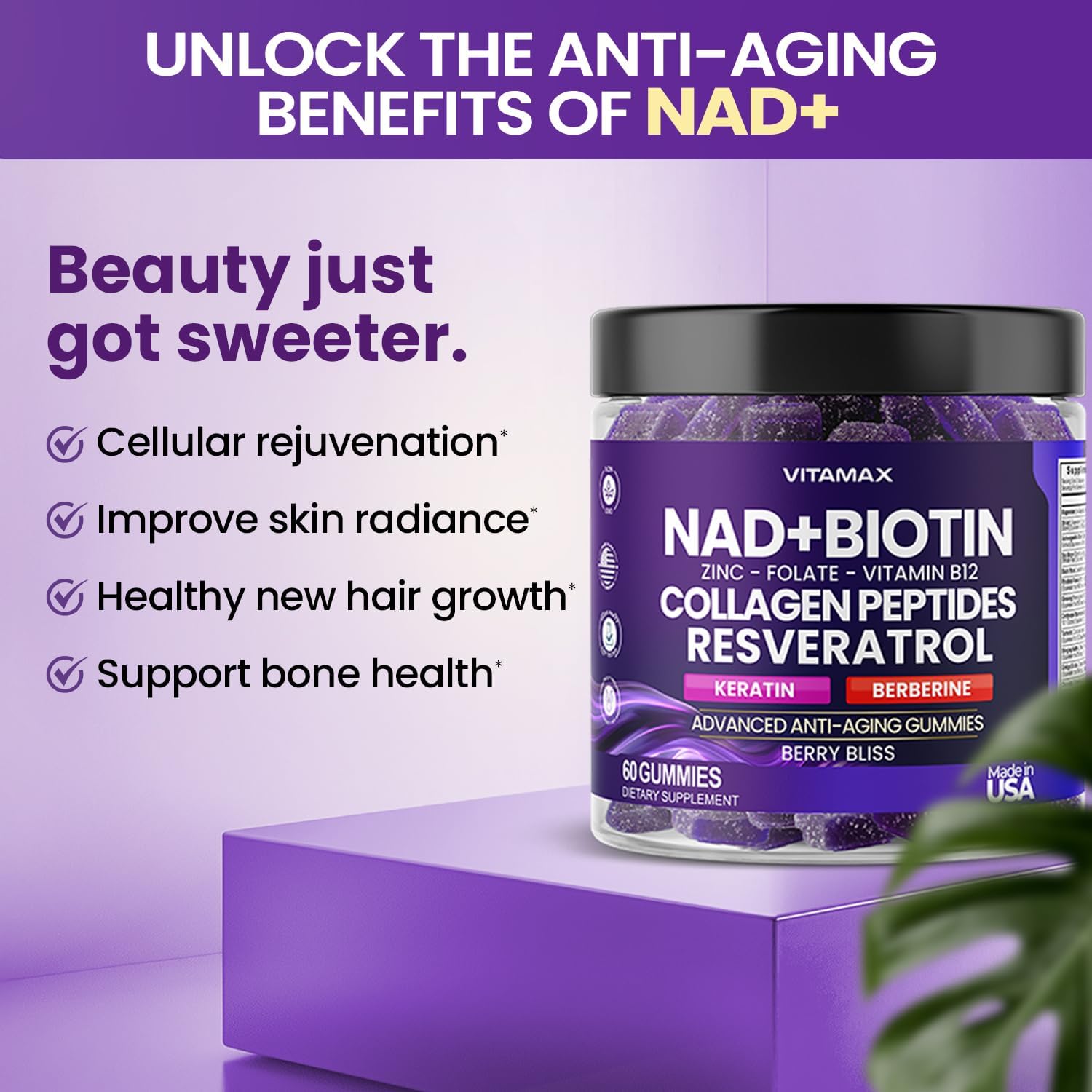 Anti-Aging Gummy Supplement with Vitamax NAD+, Resveratrol, Berberine, & Biotin - Hair, Skin, Nails & Joint Support - Collagen, Keratin, Zinc, Vitamin K2 & D3 - Non-GMO - 60 Count