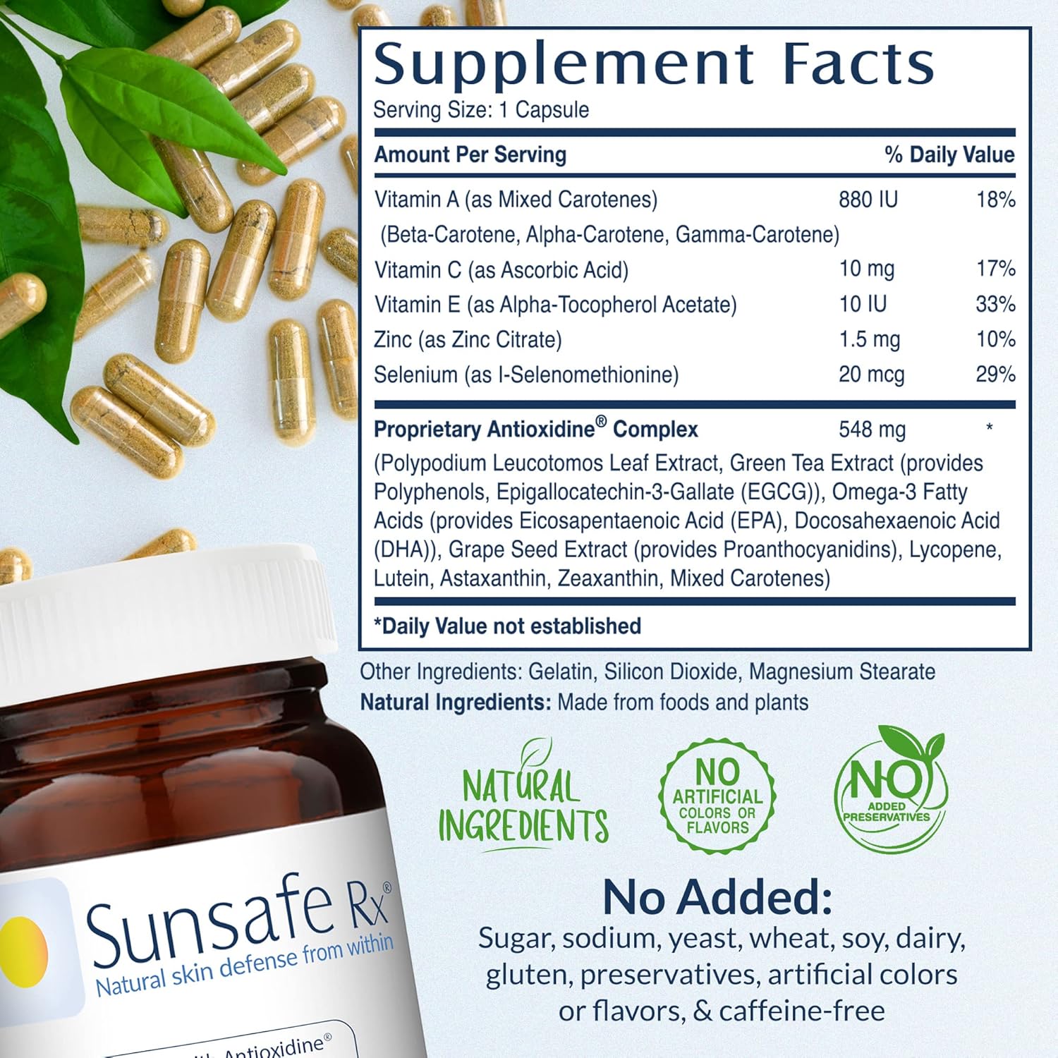Anti Aging Skin Protection Pills with Antioxidants for Youthful Appearance & Eye Health - Sunsafe Rx Supplement with Vitamins & Minerals