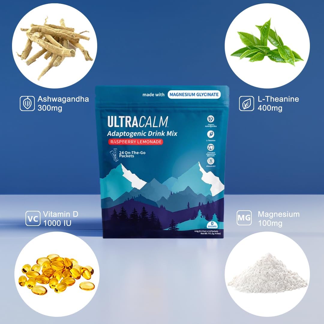 Anti-Stress Drink Mix Powder with Magnesium, L-Theanine & Ashwagandha - 24 Packets for Relaxation & Sleep