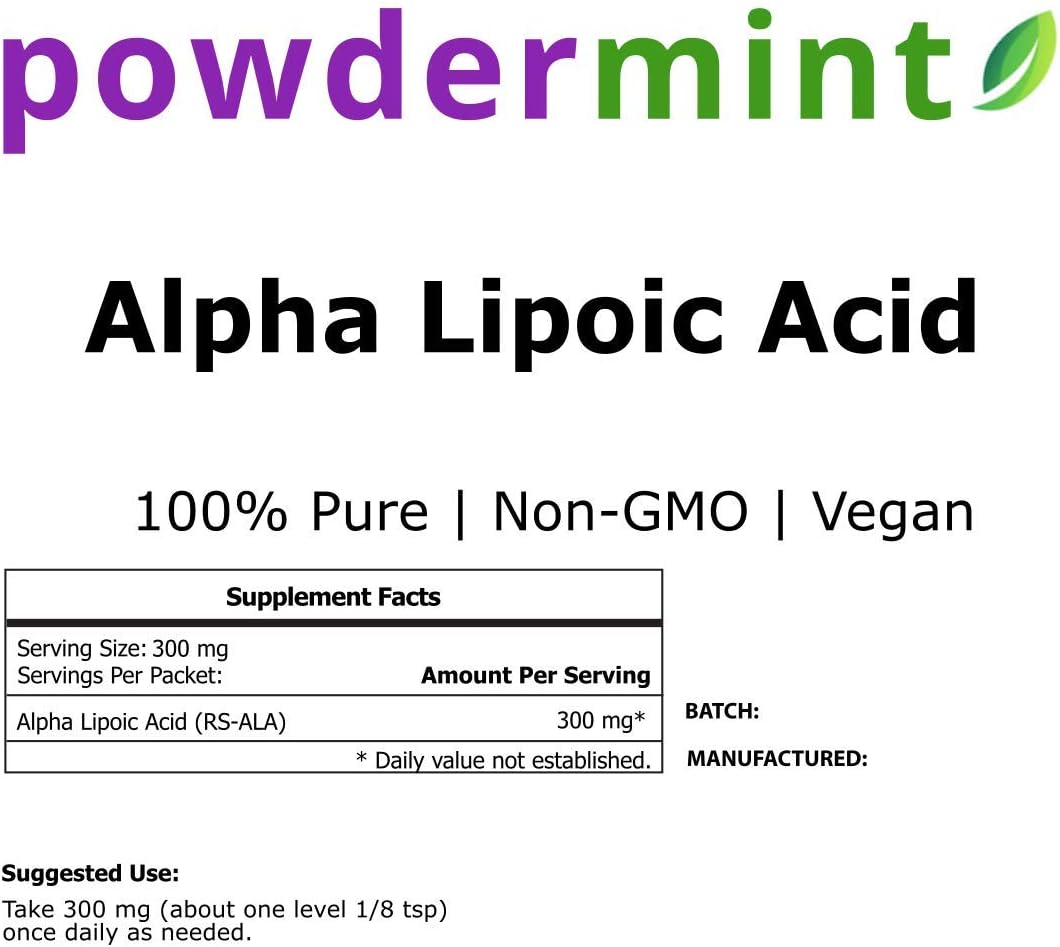 Antioxidant Alpha Lipoic Acid Powder (RS-ALA, Pure ALA) in Multiple Sizes with Scoop - Powdermint Formula