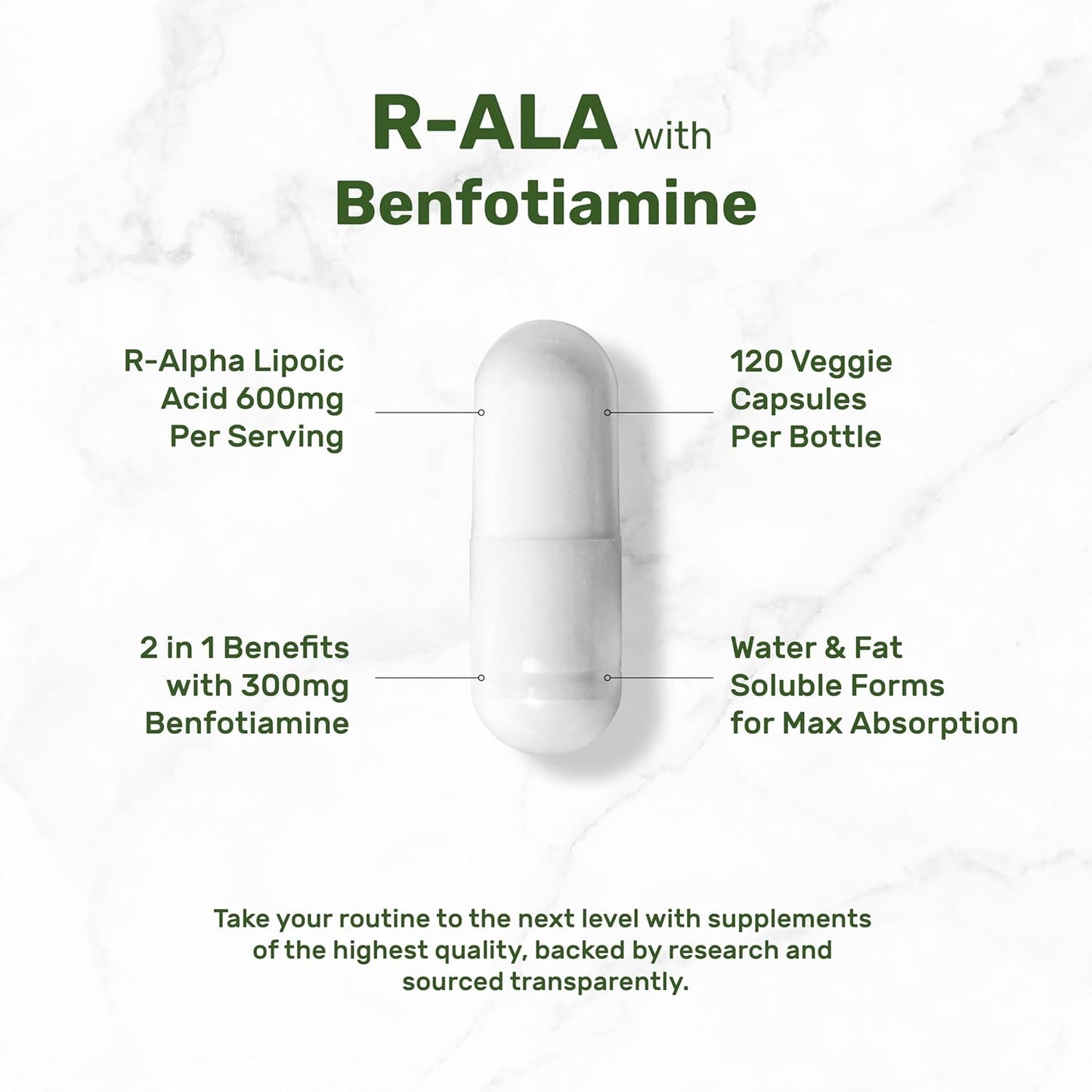 Antioxidant Energy Support Supplement with R Alpha Lipoic Acid and Benfotiamine - 120 Capsules