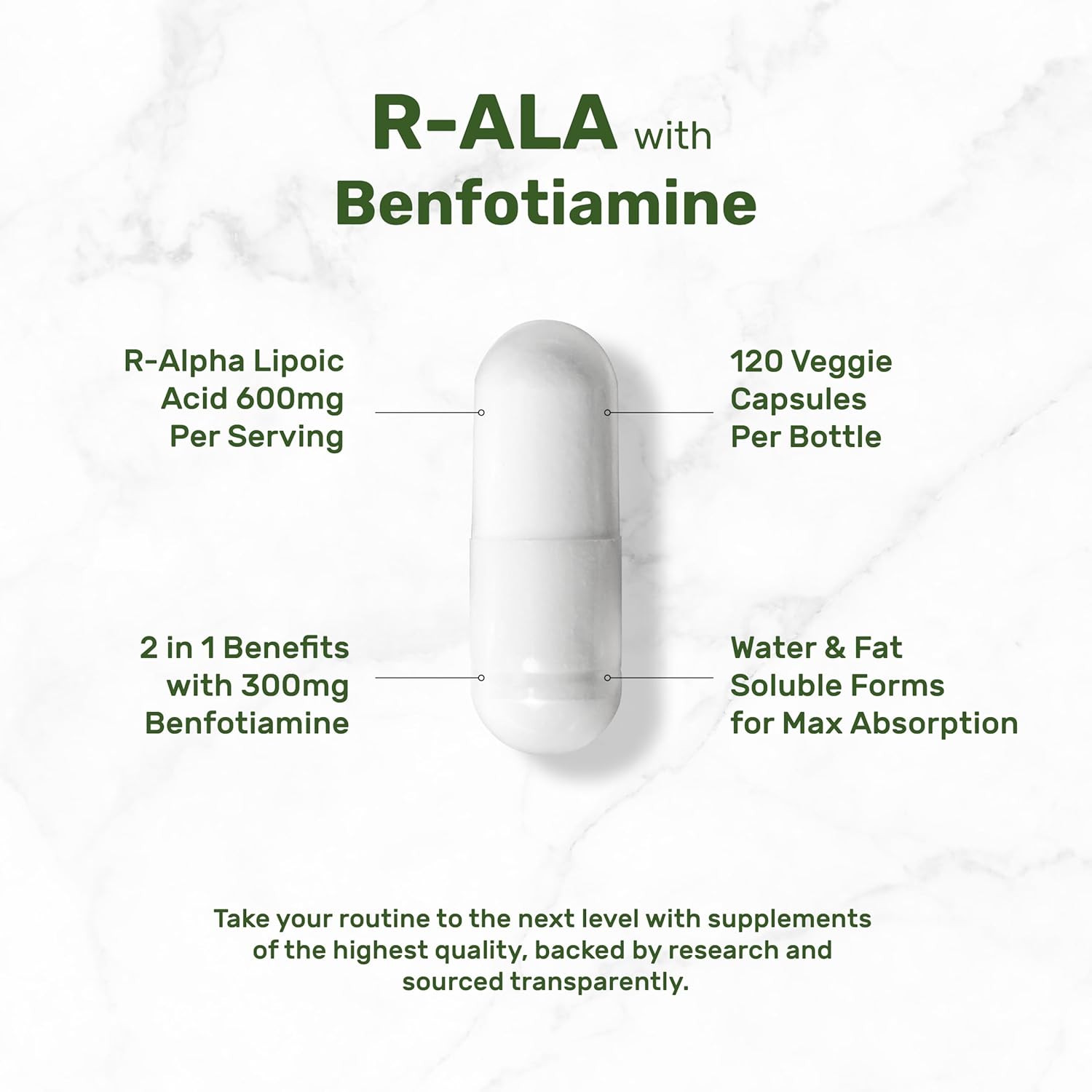 Antioxidant Energy Support Supplement with R Alpha Lipoic Acid and Benfotiamine - 120 Capsules