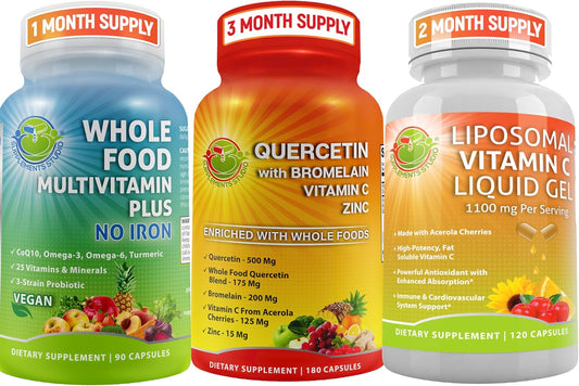 Antioxidant & Immune System Boosting Bundle: Quercetin with Bromelain, Liposomal Vitamin C Liquid Gel, Whole Food Multivitamin for Men & Women