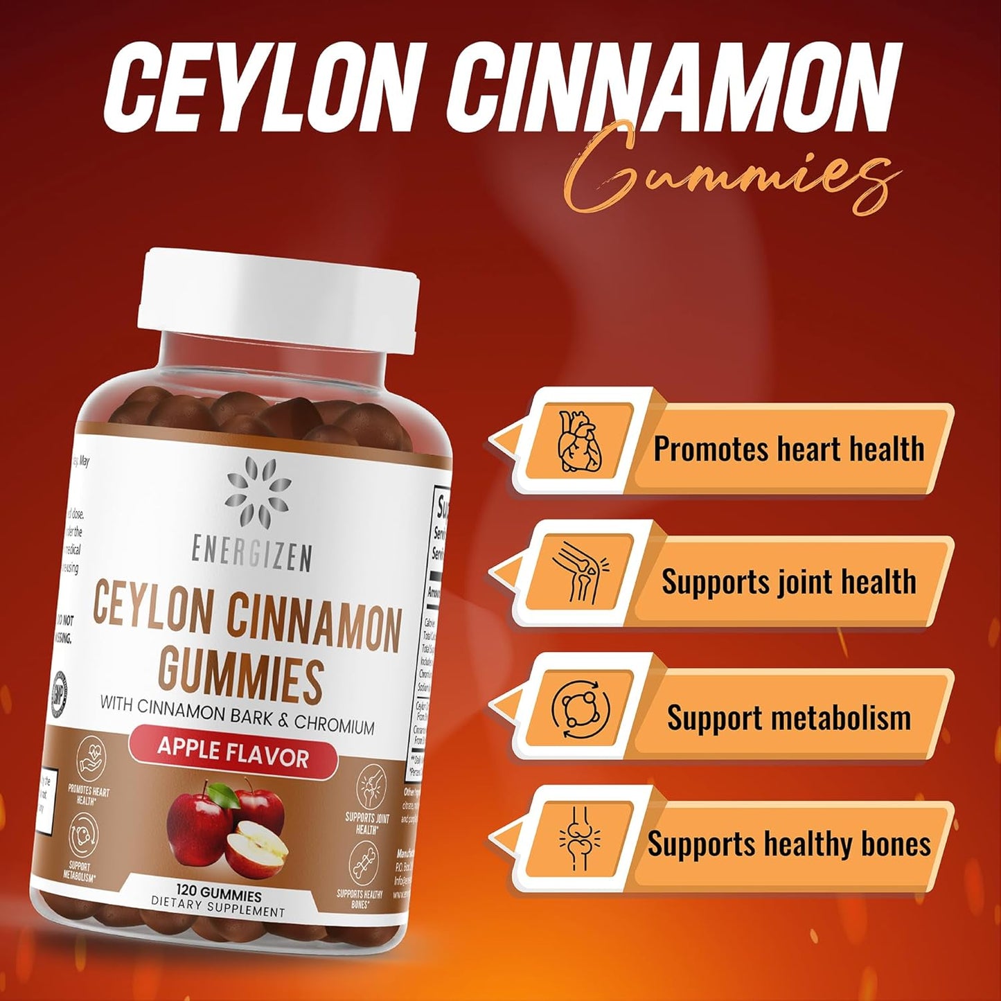 Antioxidant-Rich Cinnamon + Chromium Vegan Gummies - 120 Count - Joint & Brain Support, Sugar-Free, Non-GMO, Gluten-Free - Apple Flavor