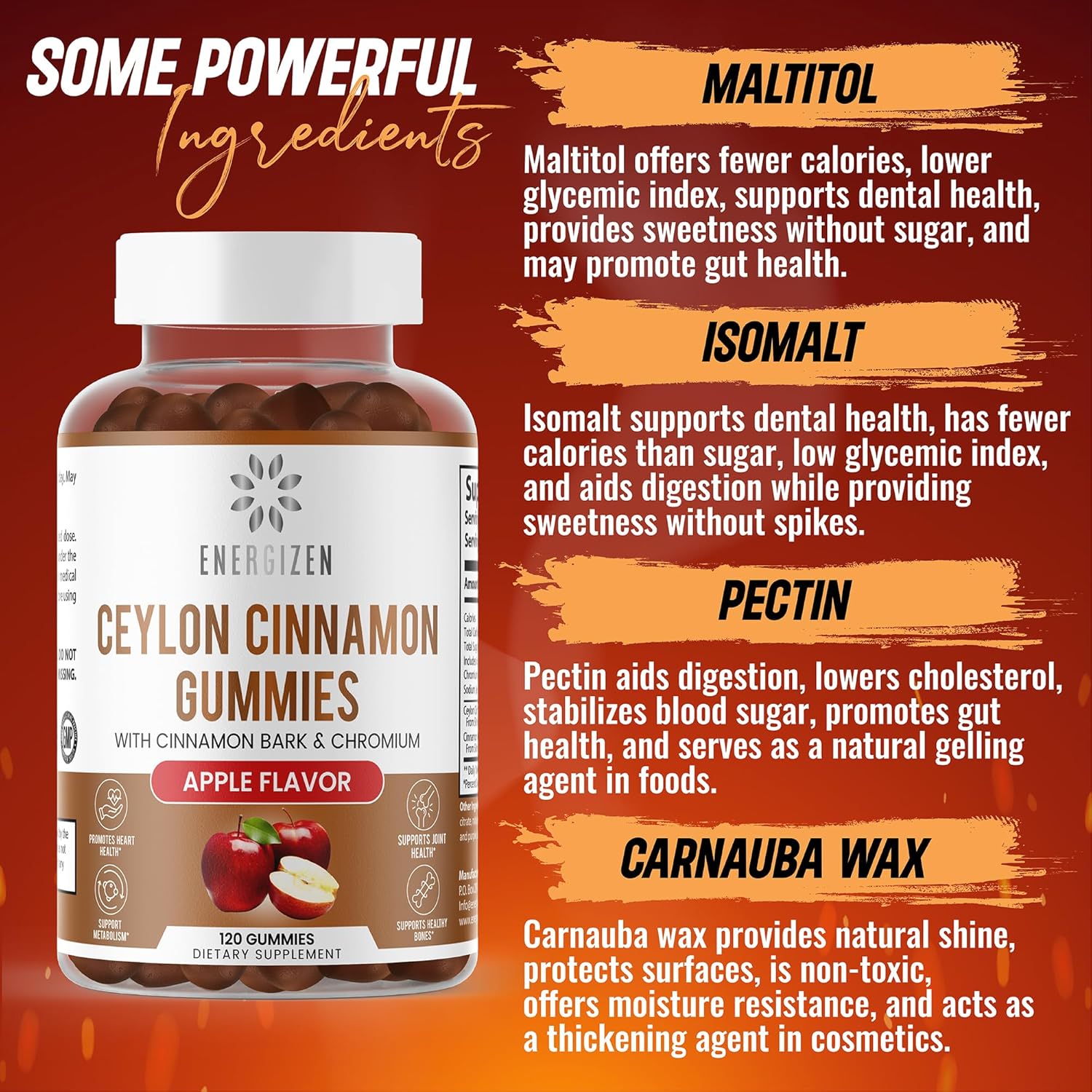 Antioxidant-Rich Cinnamon + Chromium Vegan Gummies - 120 Count - Joint & Brain Support, Sugar-Free, Non-GMO, Gluten-Free - Apple Flavor