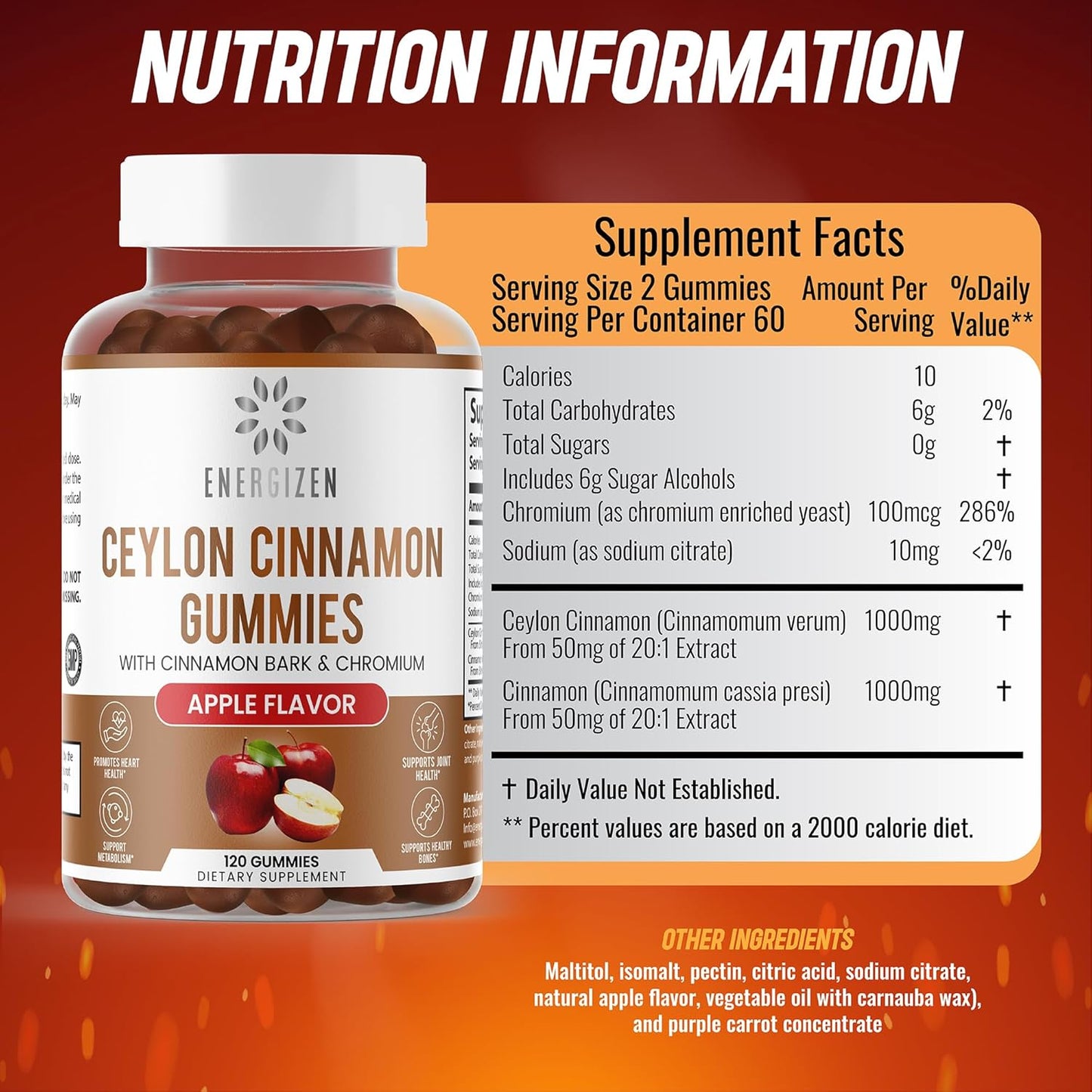 Antioxidant-Rich Cinnamon + Chromium Vegan Gummies - 120 Count - Joint & Brain Support, Sugar-Free, Non-GMO, Gluten-Free - Apple Flavor
