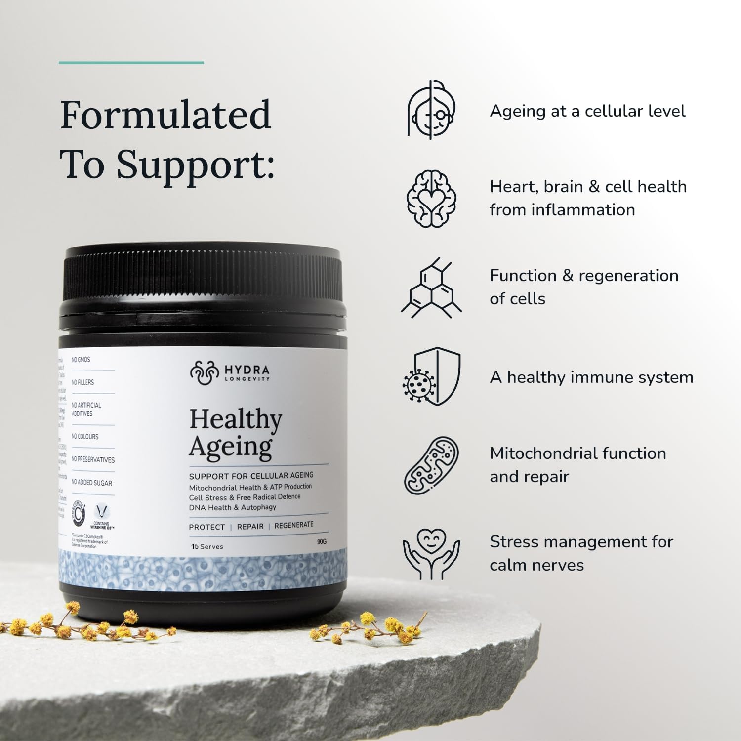 Antioxidant-Rich Longevity Supplement Powder with Quercetin, Resveratrol, and Nrf2 Activators - Vegan and Non-GMO - 90g (15 Servings)
