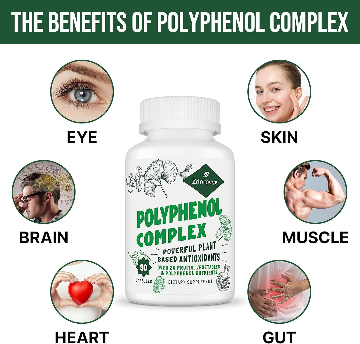 Antioxidant-Rich Polyphenols Supplement with Quercetin, Resveratrol, Turmeric, and Green Tea - 90 Capsules for Immune Support and Energy Boost
