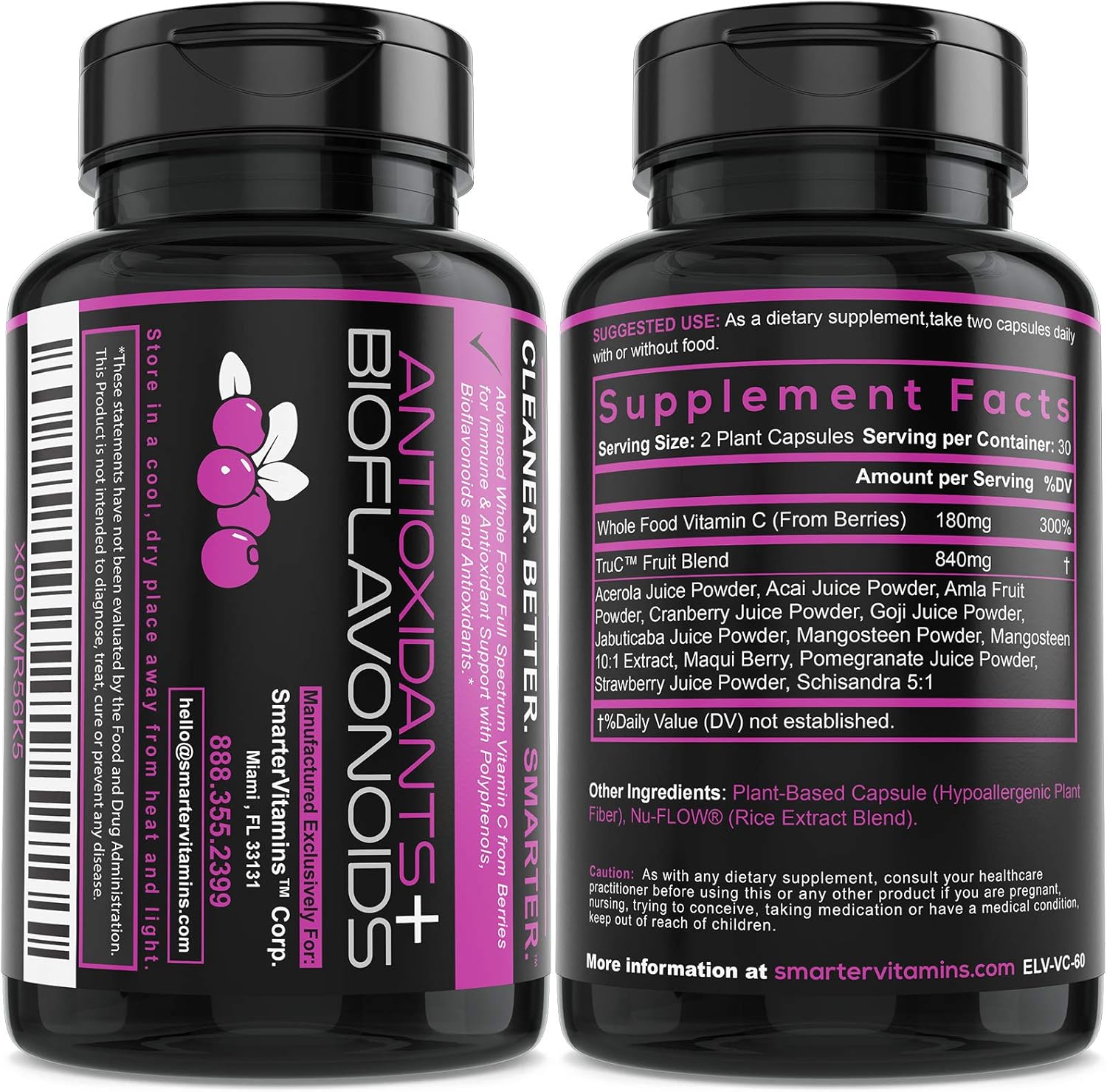 Antioxidant-Rich Raw Whole Food Vitamin C Capsules (5 Pack) with Premium Berries & Bioflavonoids - 300 Vegan Capsules