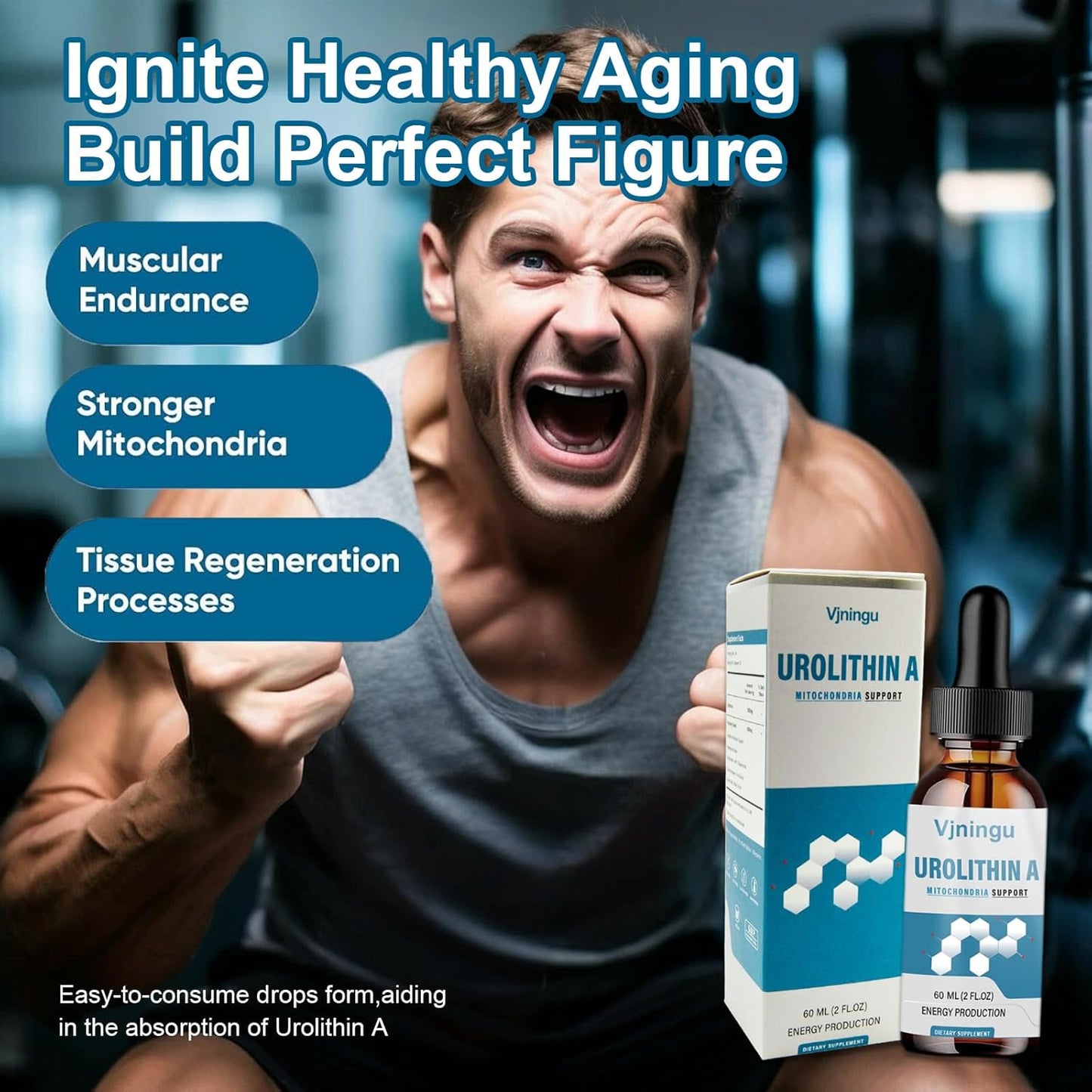 Antioxidant-Rich Vjningu Urolithin A GLP-1 Supplement Drops - 1000mg, Supports Healthy Aging, Mitochondrial Health, Colon Cleansing, Weight Management - 1pc