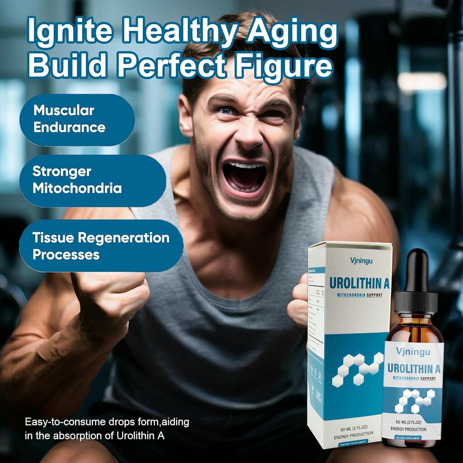 Antioxidant-Rich Vjningu Urolithin A GLP-1 Supplement Drops - 1000mg, Supports Healthy Aging, Mitochondrial Health, Colon Cleansing, Weight Management - 1pc