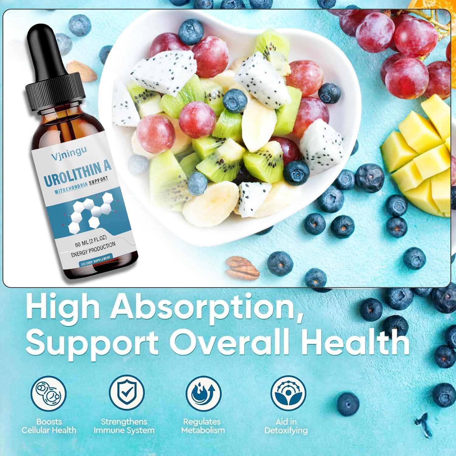 Antioxidant-Rich Vjningu Urolithin A GLP-1 Supplement Drops - 1000mg, Supports Healthy Aging, Mitochondrial Health, Colon Cleansing, Weight Management - 1pc